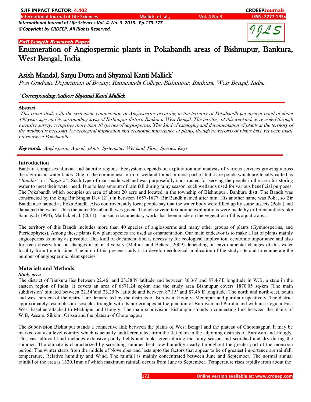 Enumeration of Angiospermic Plants in Pokabandh Areas of Bishnupur, Bankura, West Bengal, India