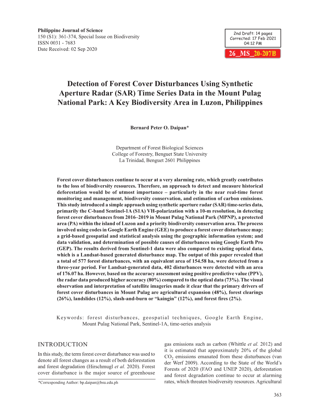 (SAR) Time Series Data in the Mount Pulag National Park: a Key Biodiversity Area in Luzon, Philippines