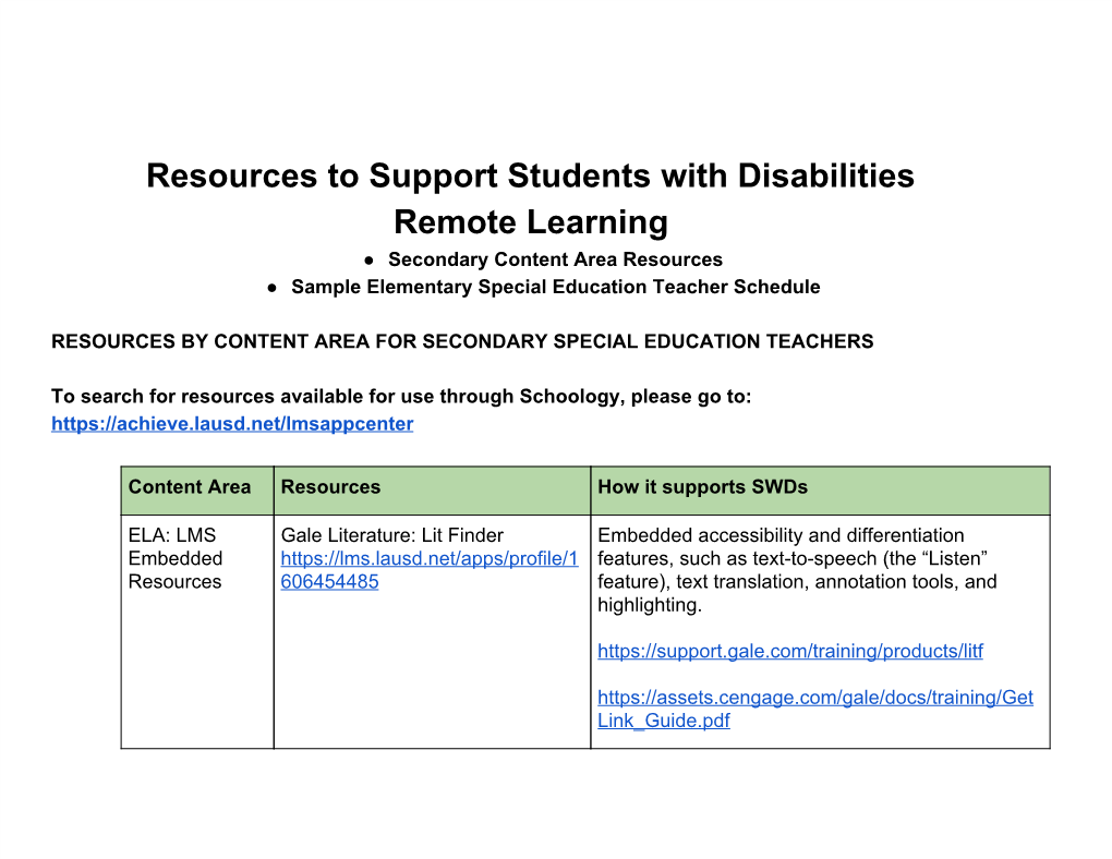 Resources to Support Students with Disabilities Remote Learning ● Secondary Content Area Resources ● Sample Elementary Special Education Teacher Schedule