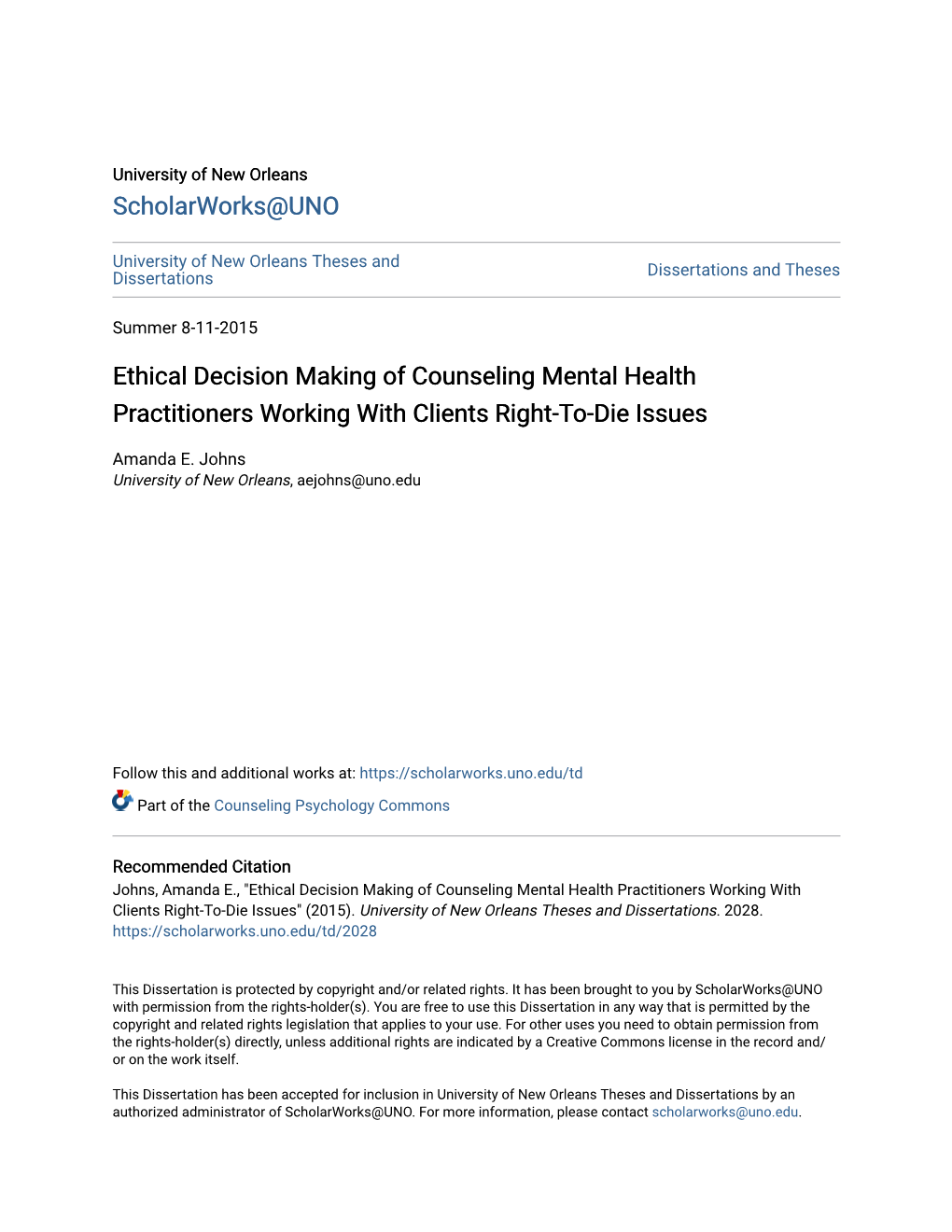 Ethical Decision Making of Counseling Mental Health Practitioners Working with Clients Right-To-Die Issues