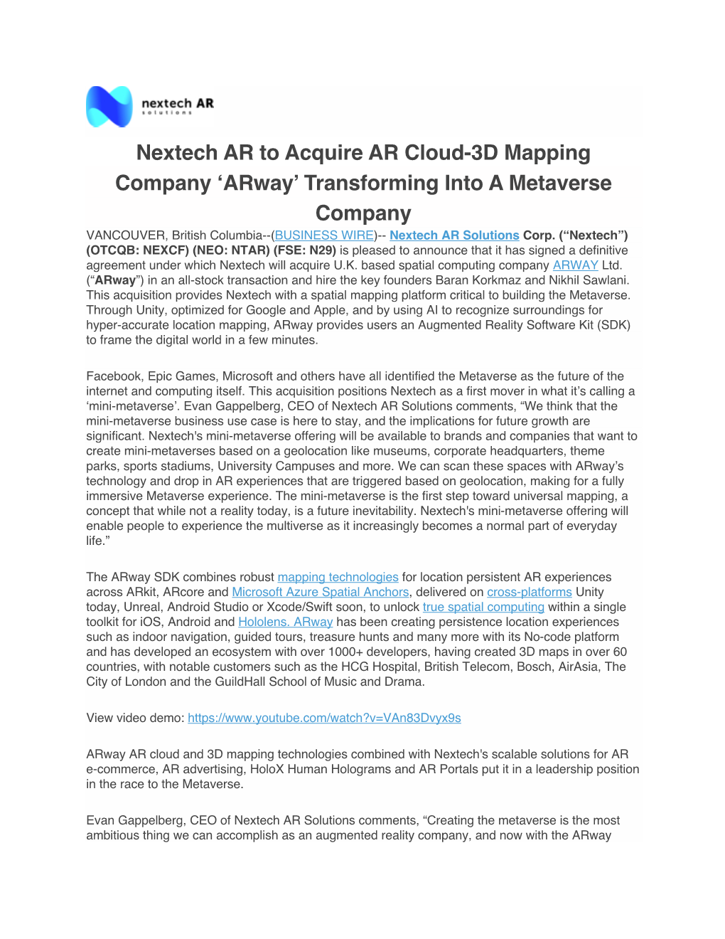 Nextech AR to Acquire AR Cloud-3D