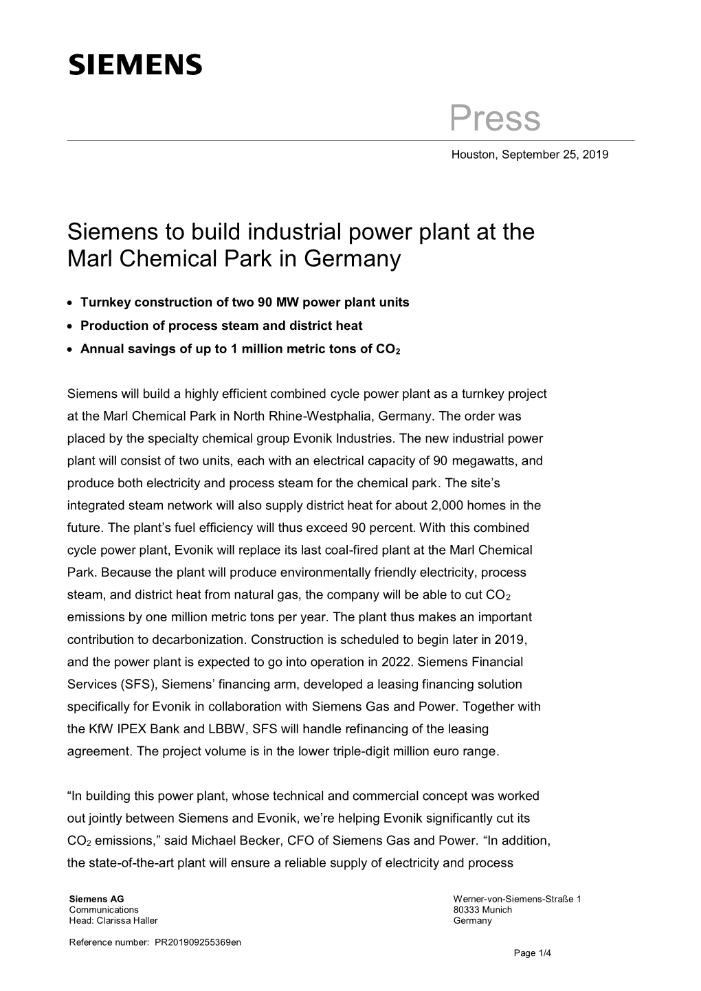 Siemens to Build Industrial Power Plant at the Marl Chemical Park in Germany