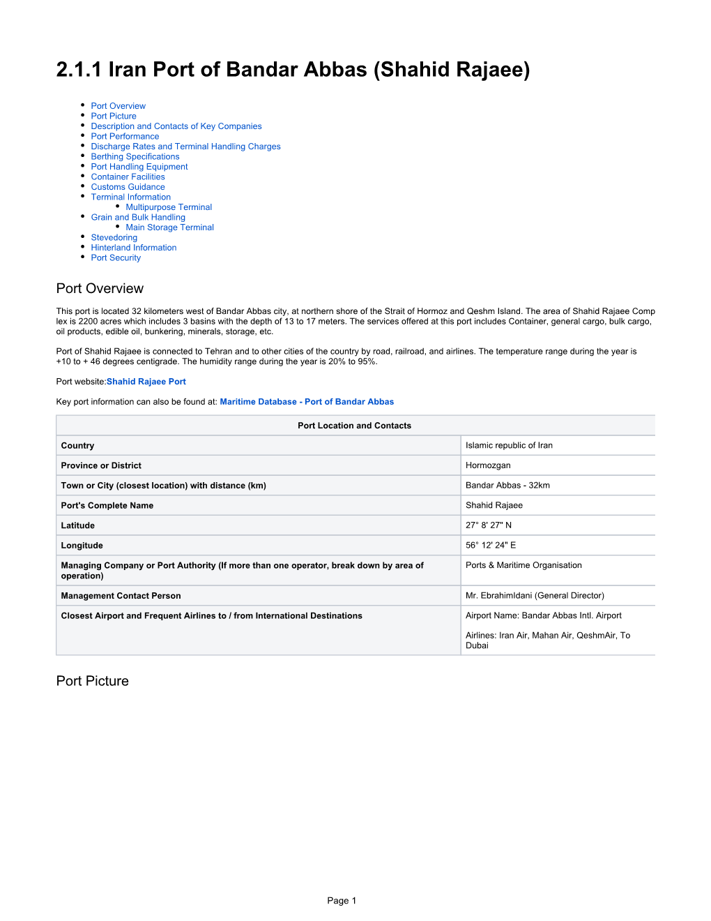 2.1.1 Iran Port of Bandar Abbas (Shahid Rajaee)