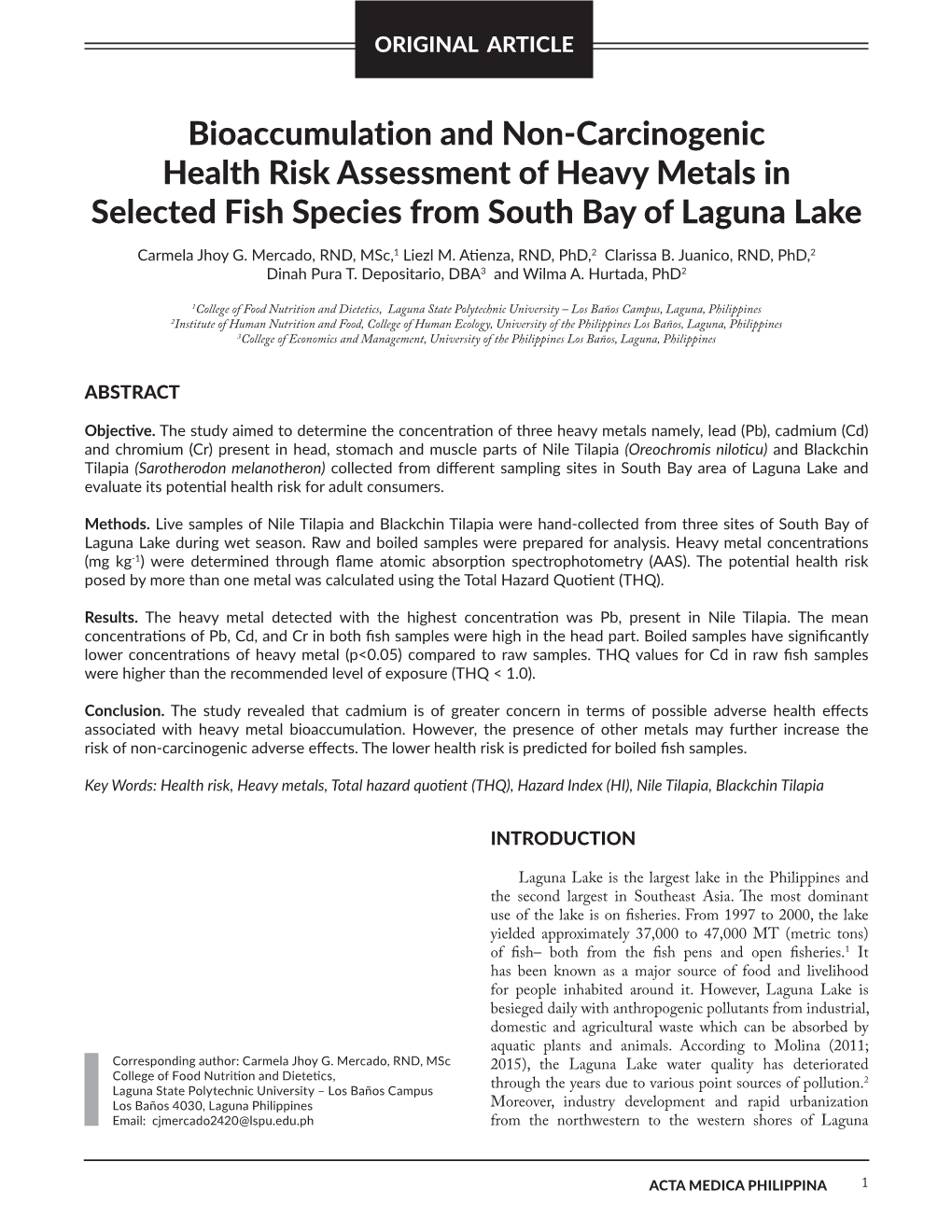 Bioaccumulation and Non-Carcinogenic Health Risk Assessment of Heavy Metals in Selected Fish Species from South Bay of Laguna Lake