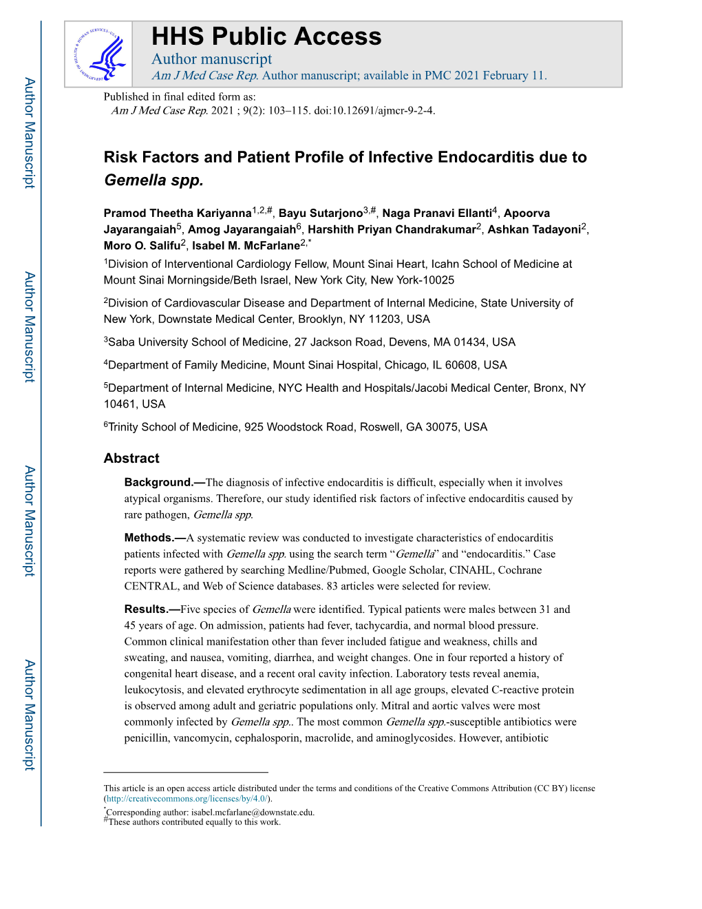 Risk Factors and Patient Profile of Infective Endocarditis Due to Gemella Spp