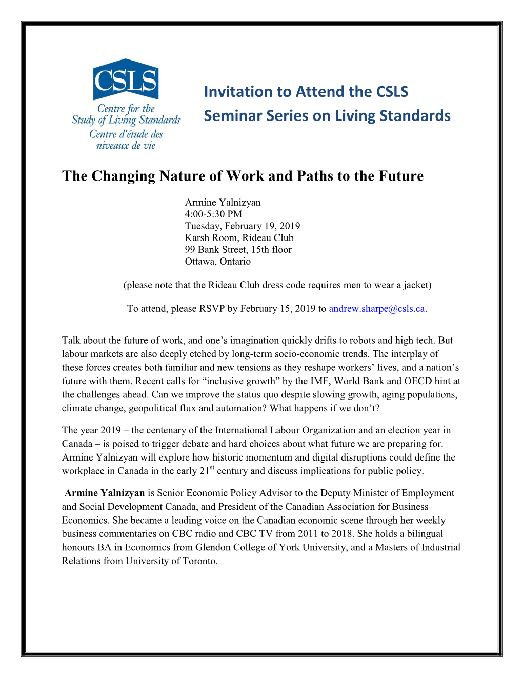 Invitation to Attend the CSLS Seminar Series on Living Standards