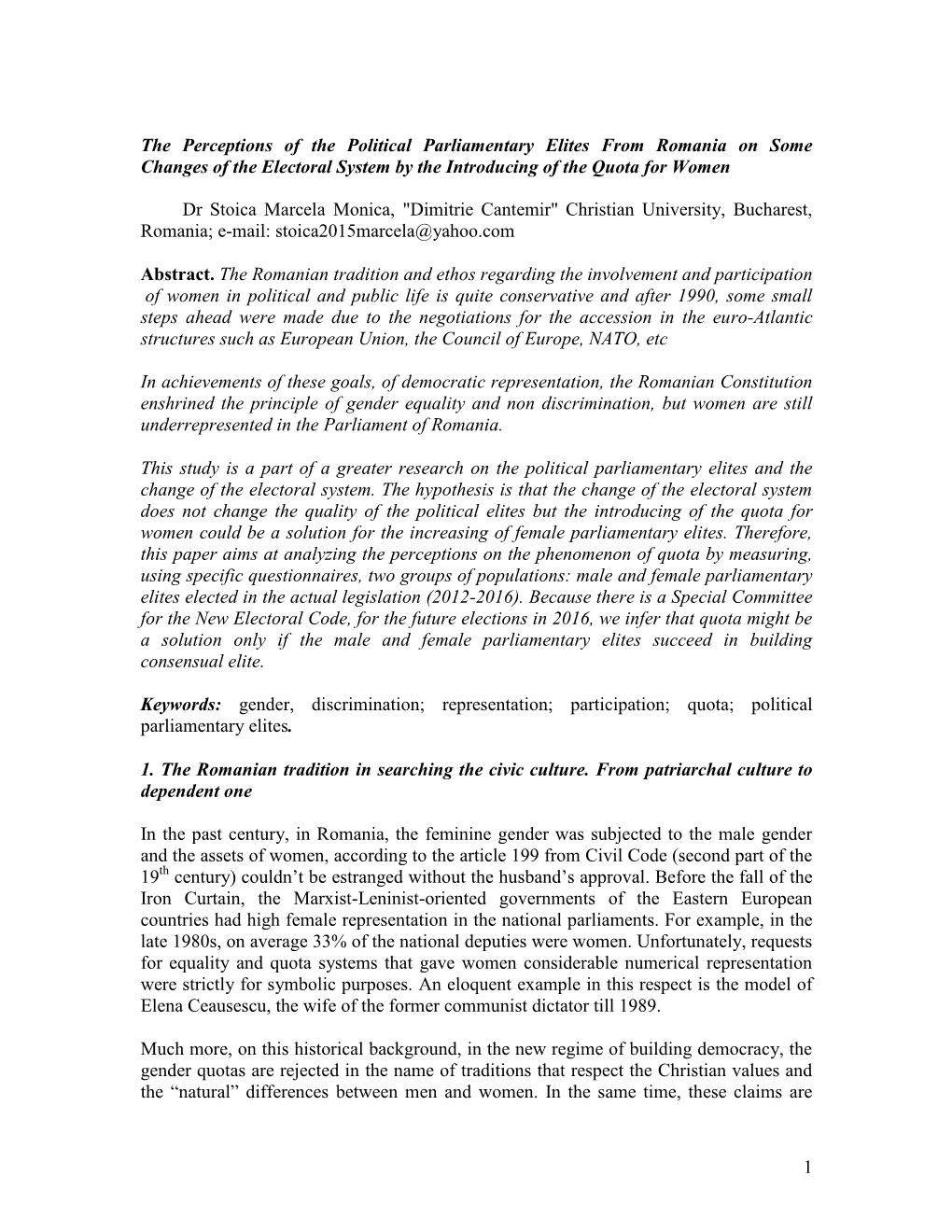 The Perceptions of the Political Parliamentary Elites from Romania on Some Changes of the Electoral System by the Introducing of the Quota for Women