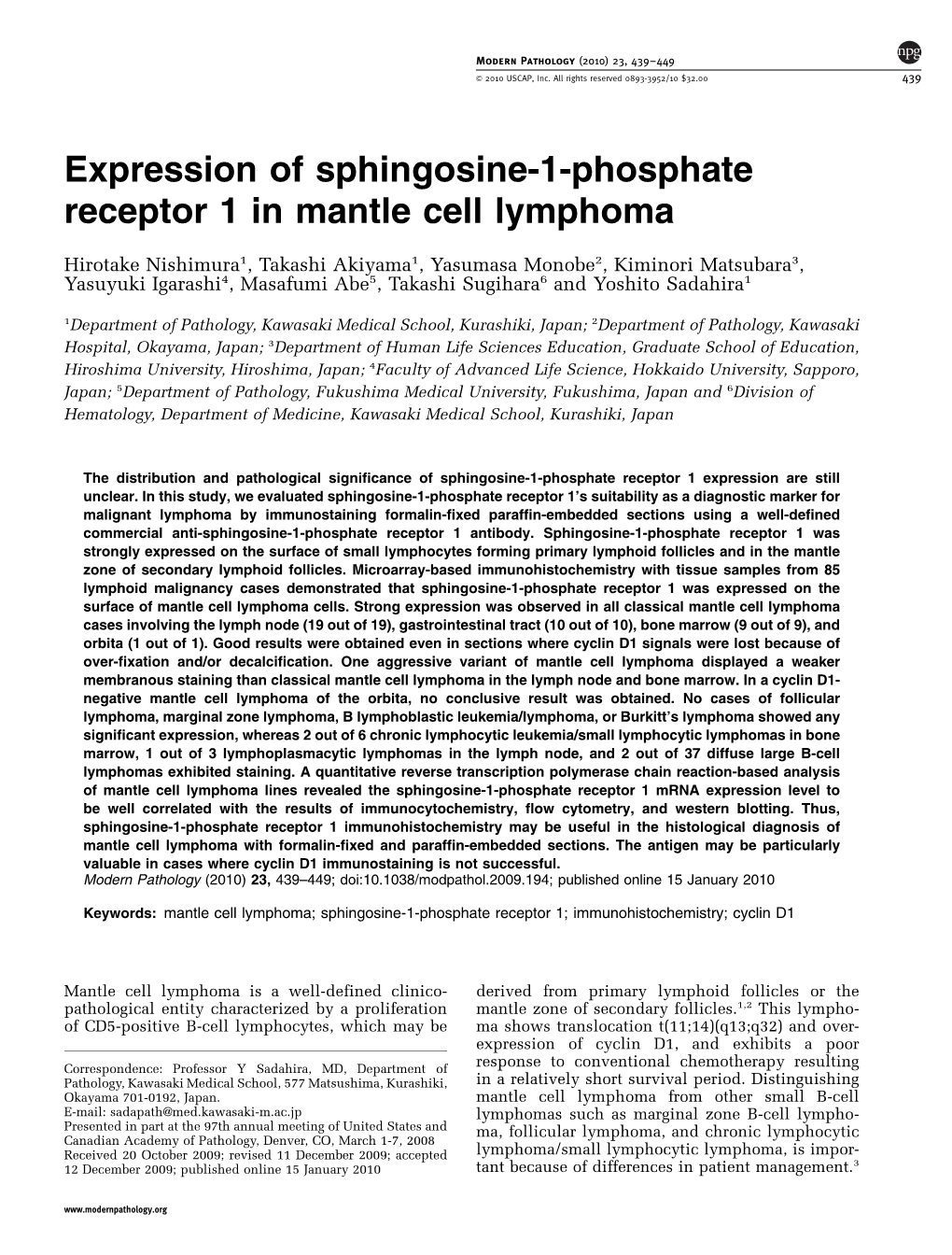 Expression of Sphingosine-1-Phosphate Receptor 1 in Mantle Cell Lymphoma