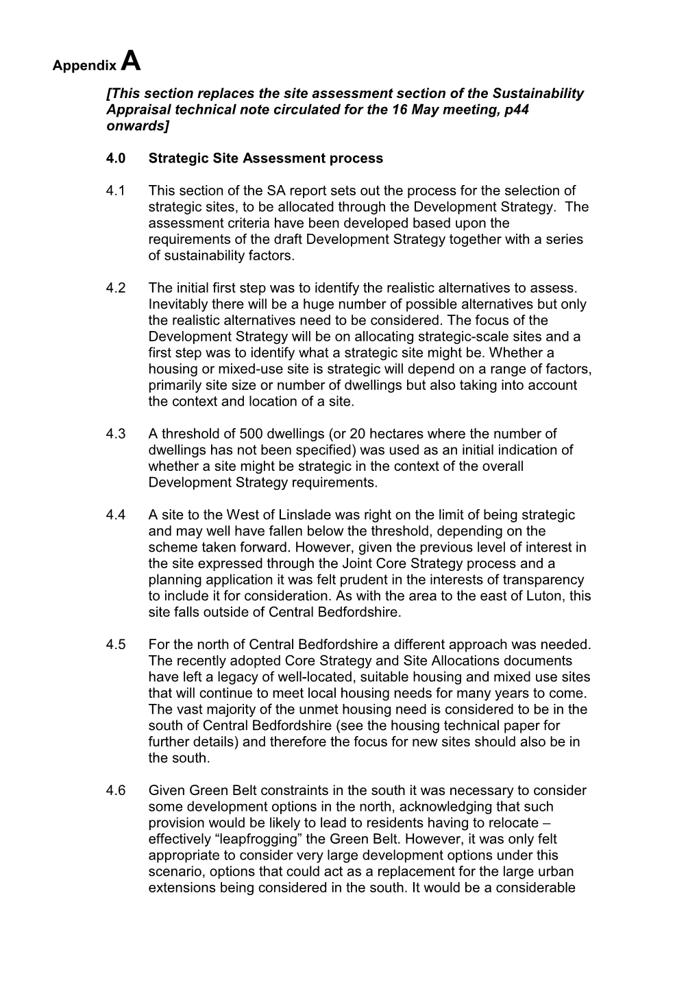 [This Section Replaces the Site Assessment Section of the Sustainability Appraisal Technical Note Circulated for the 16 May Meeting, P44 Onwards]