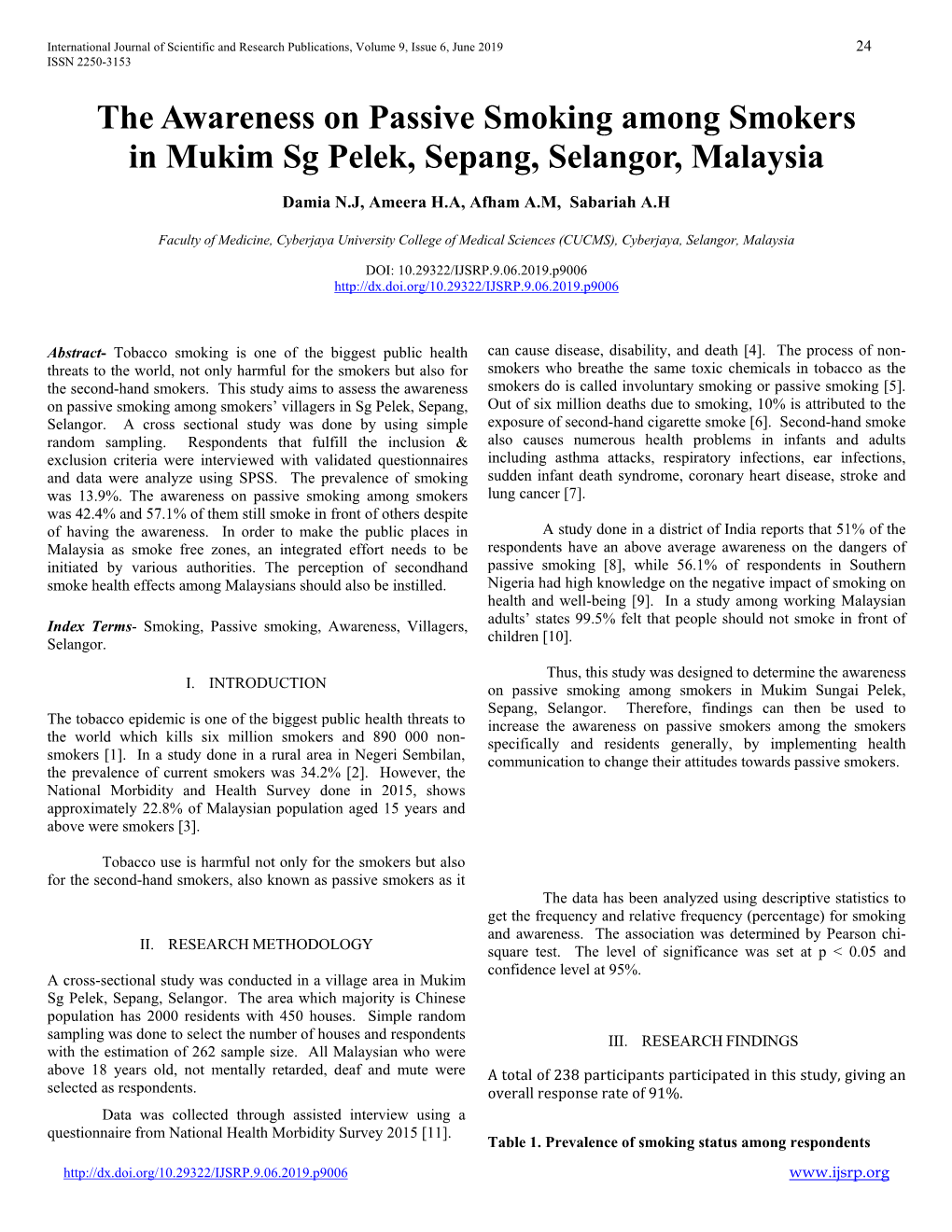 The Awareness on Passive Smoking Among Smokers in Mukim Sg Pelek, Sepang, Selangor, Malaysia