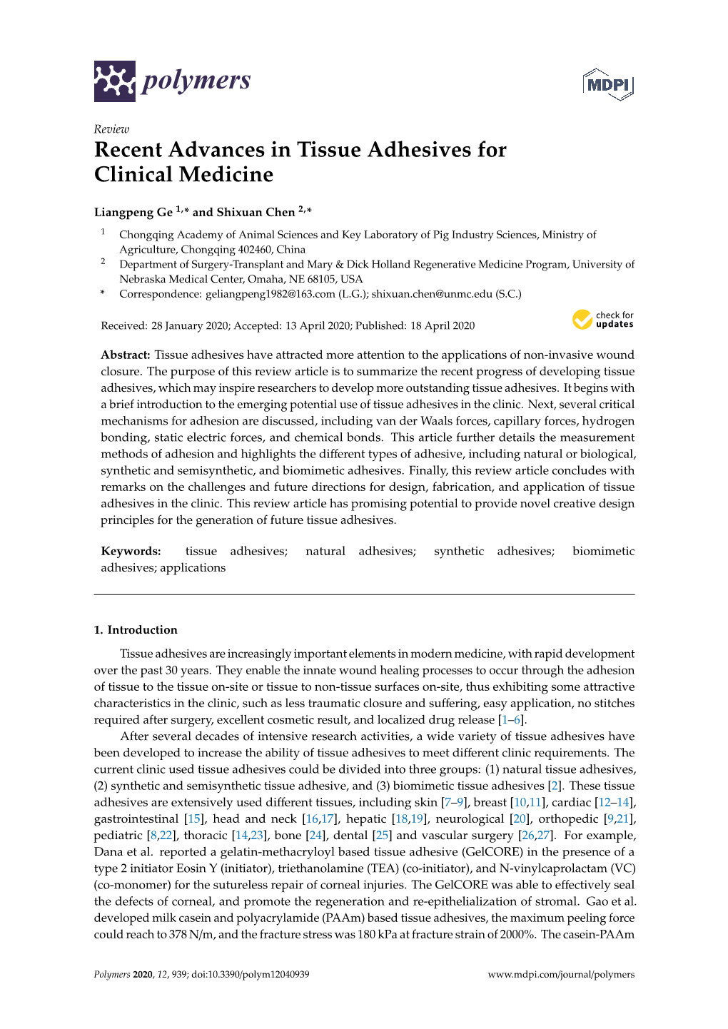 Recent Advances in Tissue Adhesives for Clinical Medicine