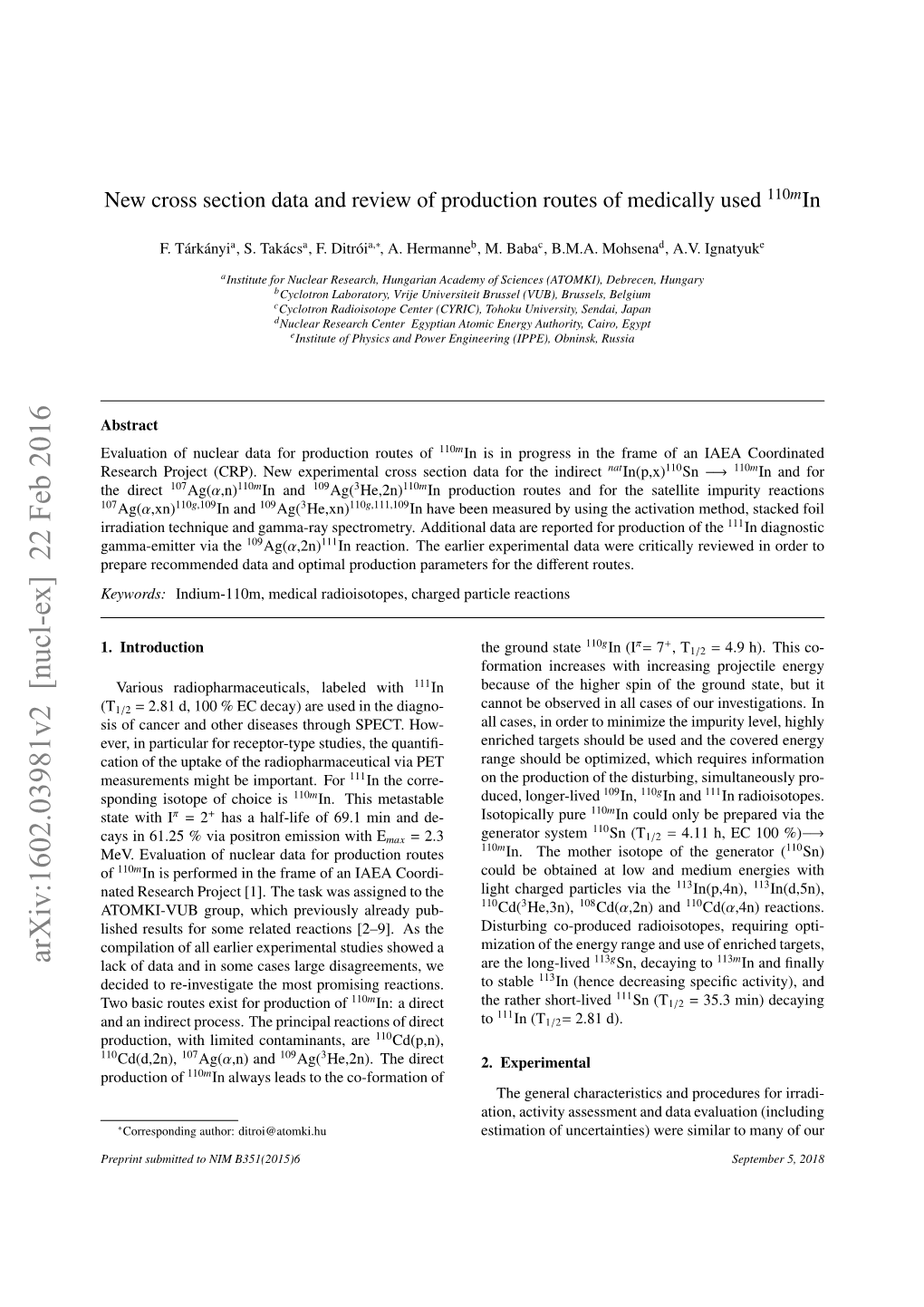 New Cross Section Data and Review of Production Routes of Medically Used 110Min