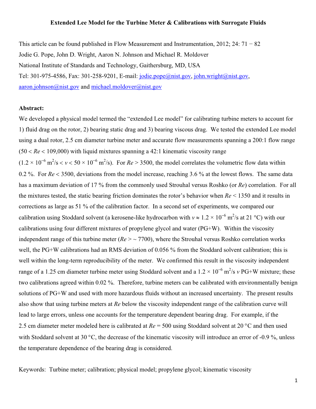 Extended Lee Model for the Turbine Meter & Calibrations with Surrogate Fluids This Article Can Be Found Published in Flow Me