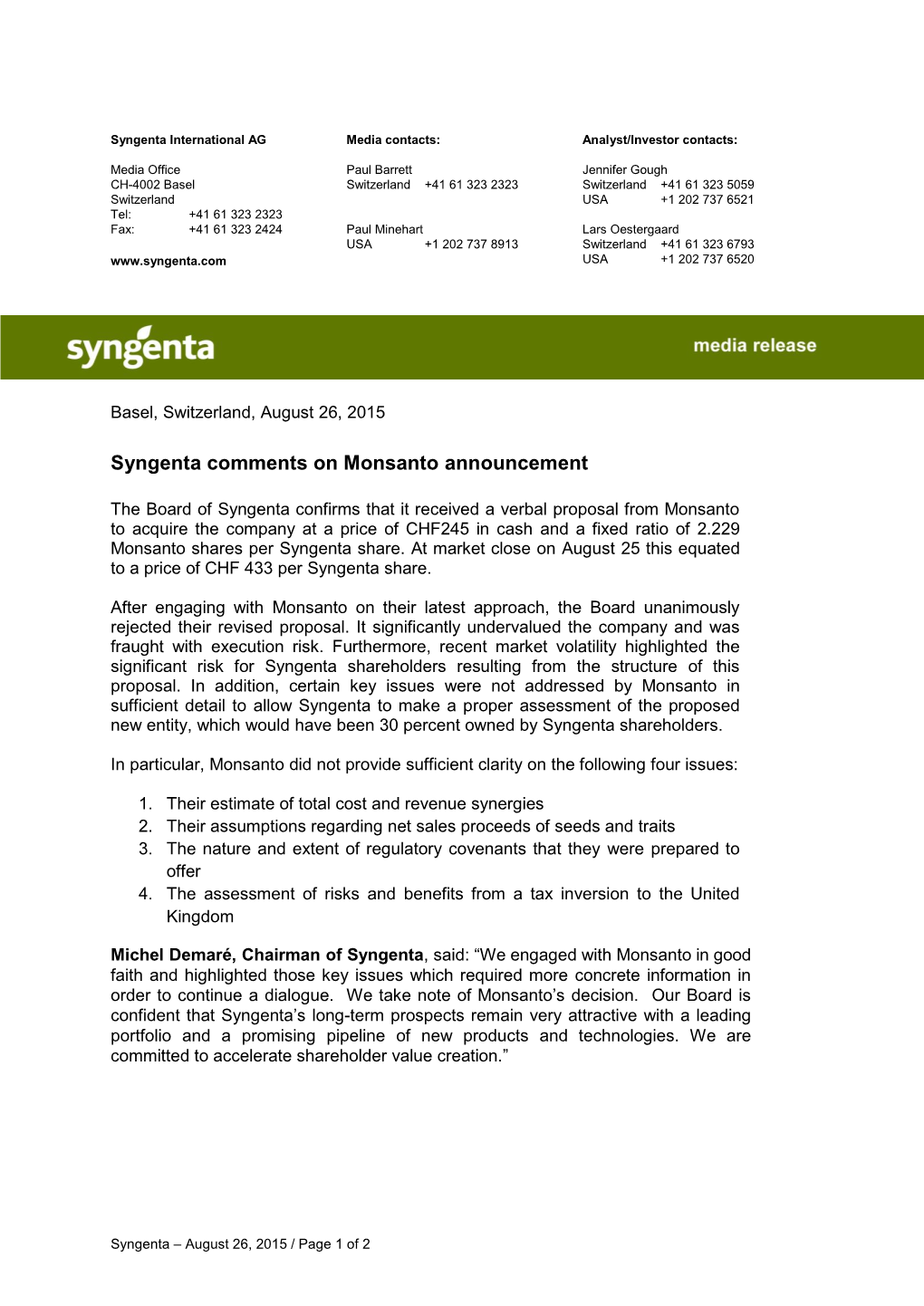 Syngenta Comments on Monsanto Announcement