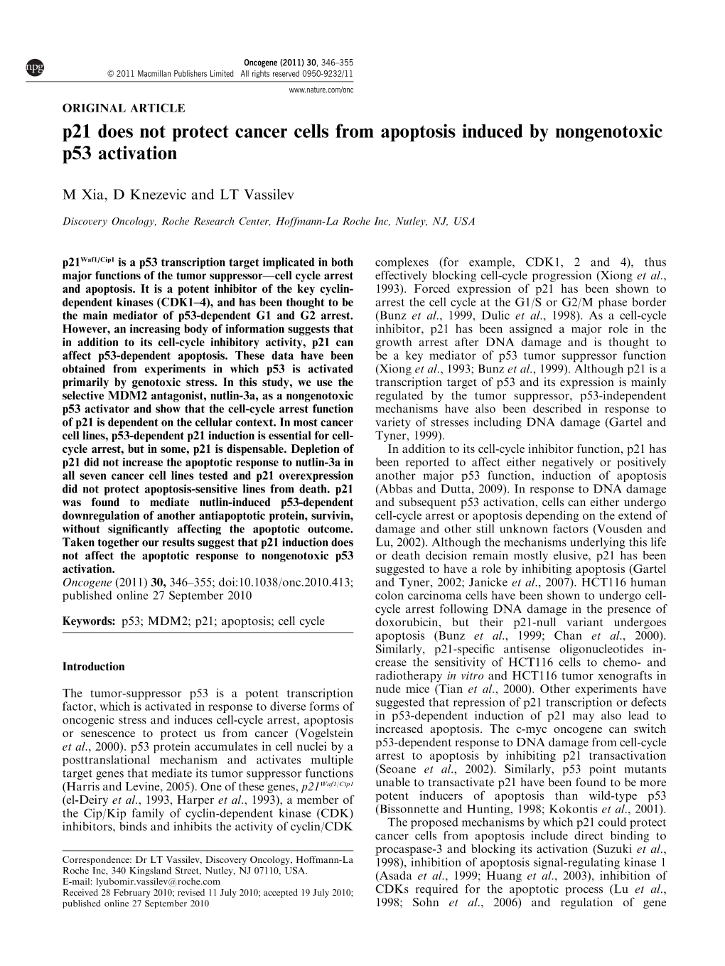 P21 Does Not Protect Cancer Cells from Apoptosis Induced by Nongenotoxic P53 Activation