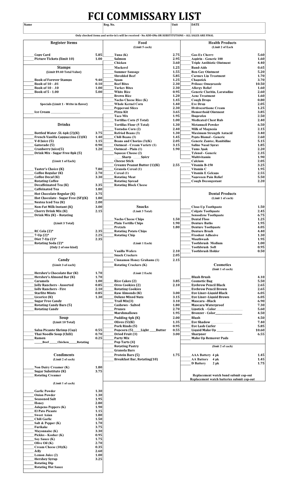 FCI COMMISSARY LIST Name Reg