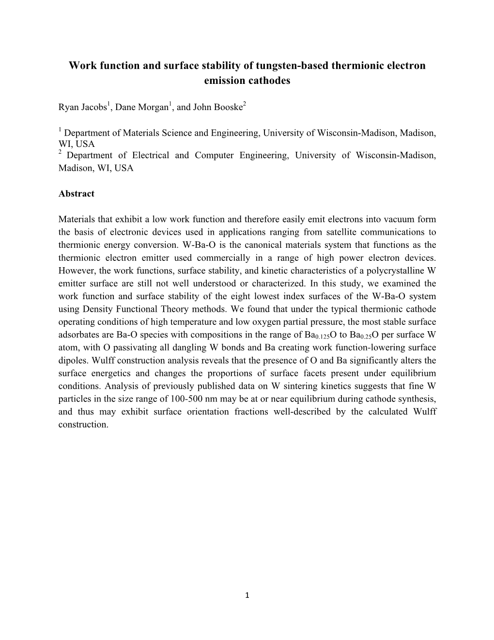 Work Function and Surface Stability of Tungsten-Based Thermionic Electron Emission Cathodes