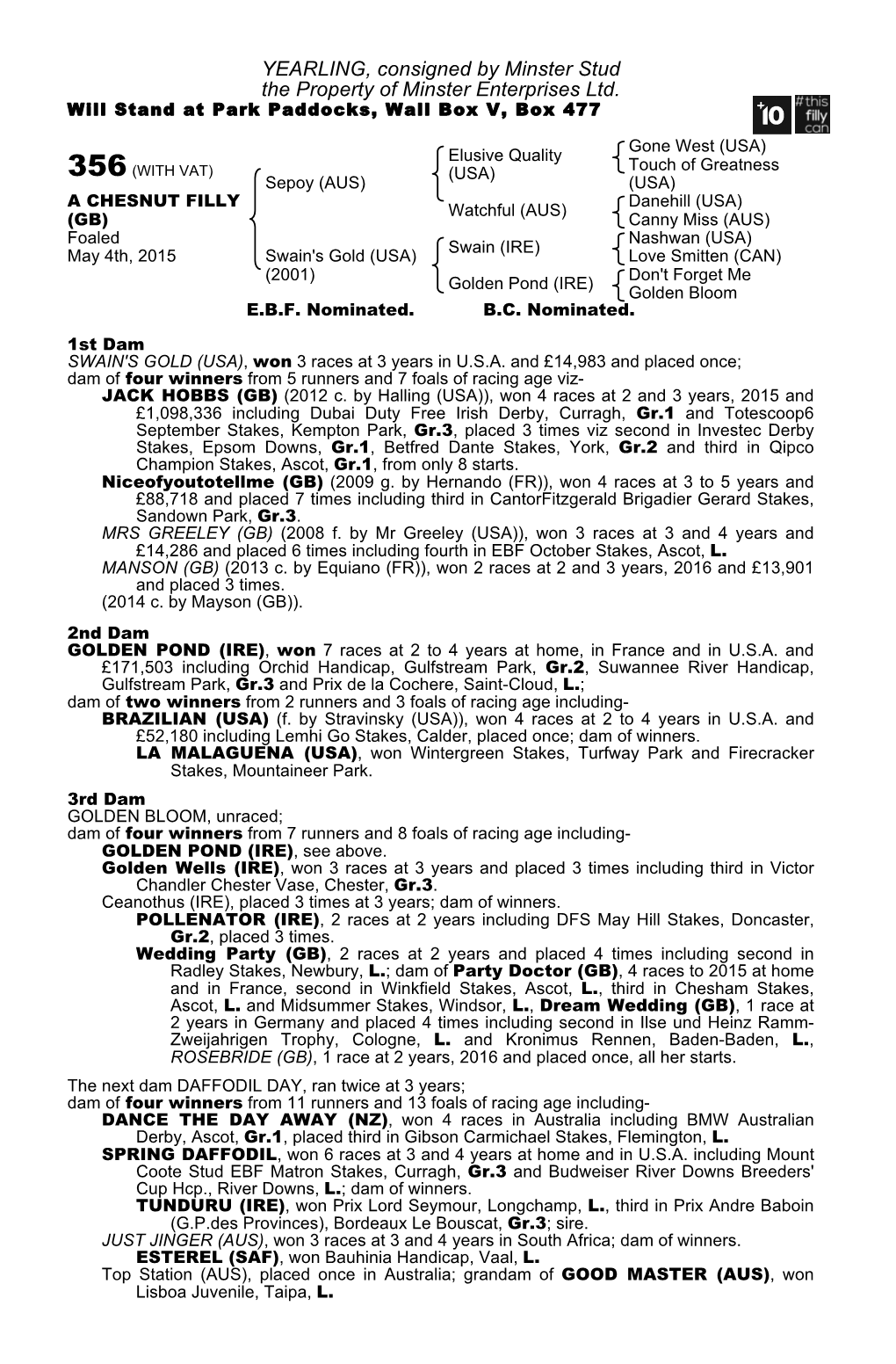 YEARLING, Consigned by Minster Stud the Property of Minster Enterprises Ltd. Will Stand at Park Paddocks, Wall Box V, Box 477