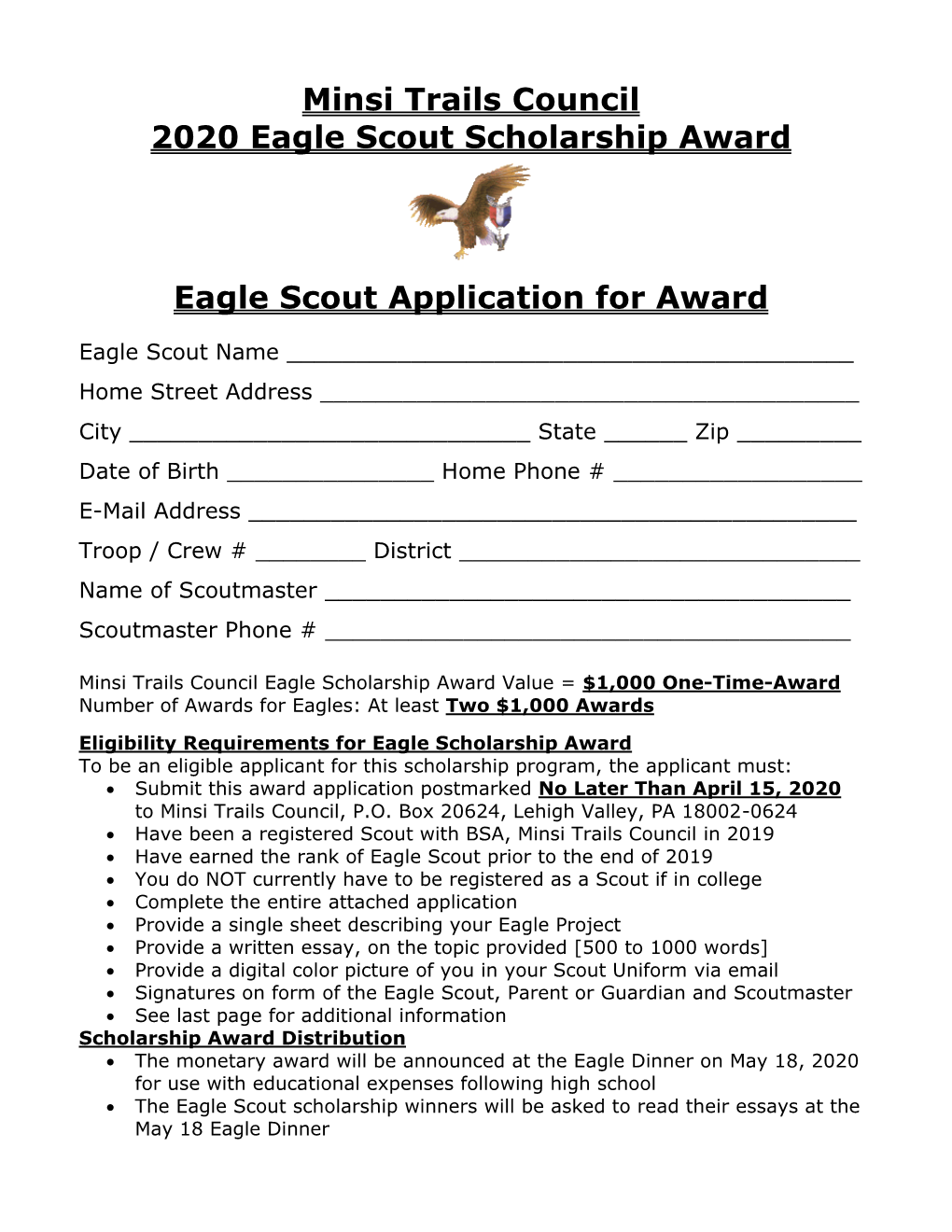 Minsi Trails Council 2020 Eagle Scout Scholarship Award