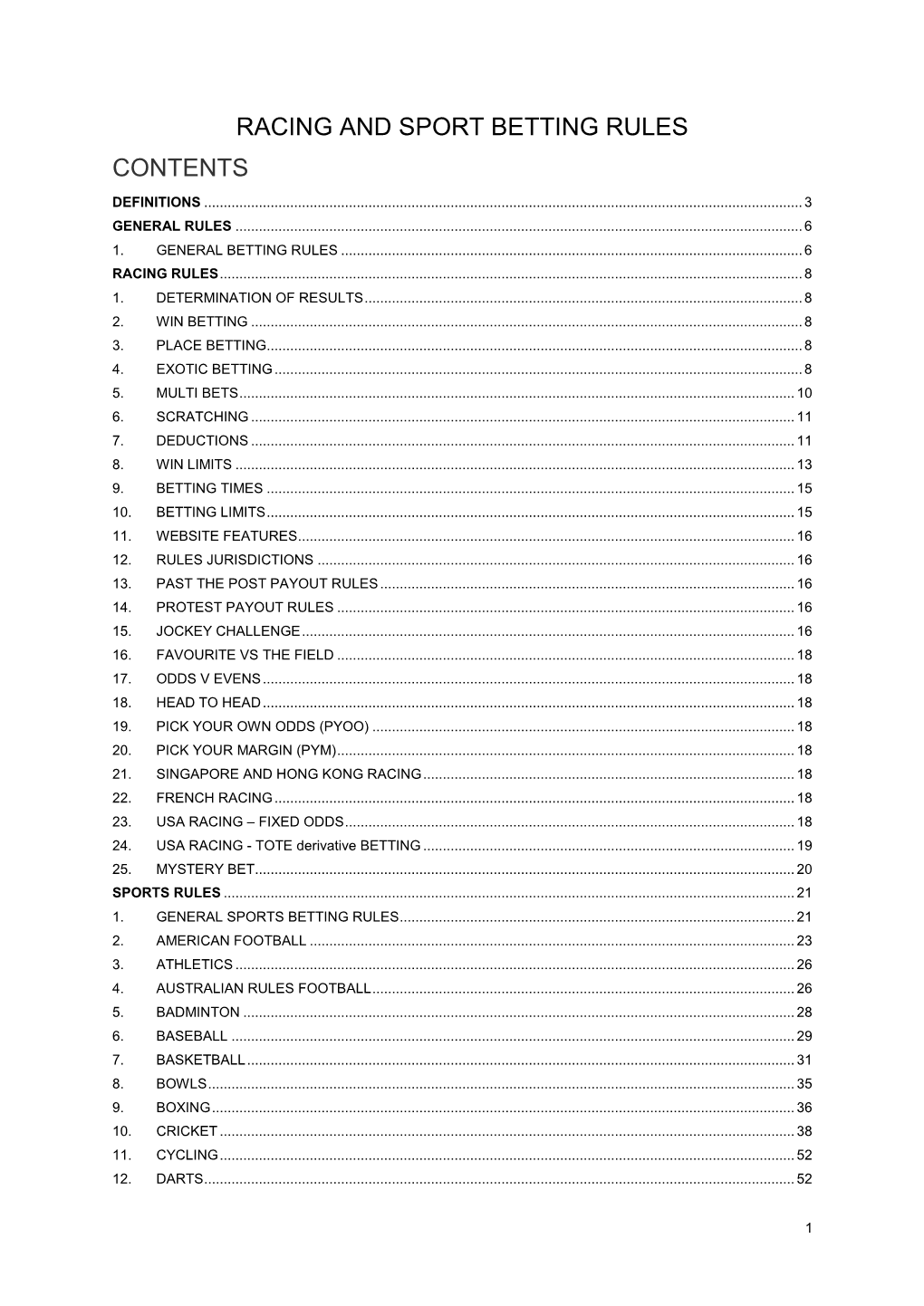 Racing and Sport Betting Rules Contents Definitions