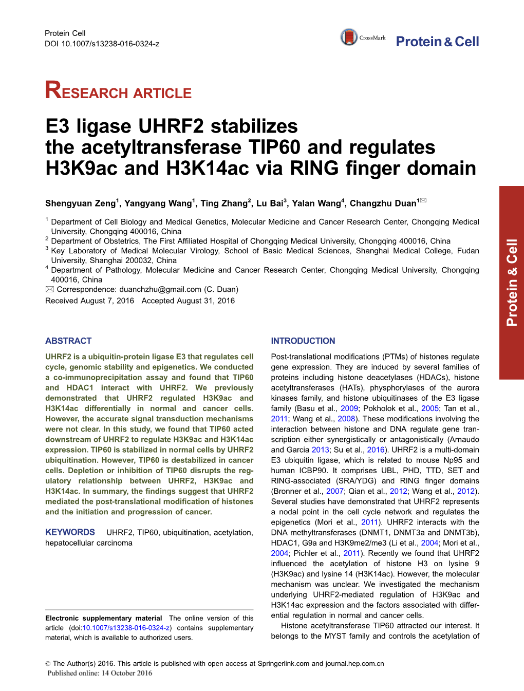 E3 Ligase UHRF2 Stabilizes the Acetyltransferase TIP60 and Regulates H3k9ac and H3k14ac Via RING ﬁnger Domain