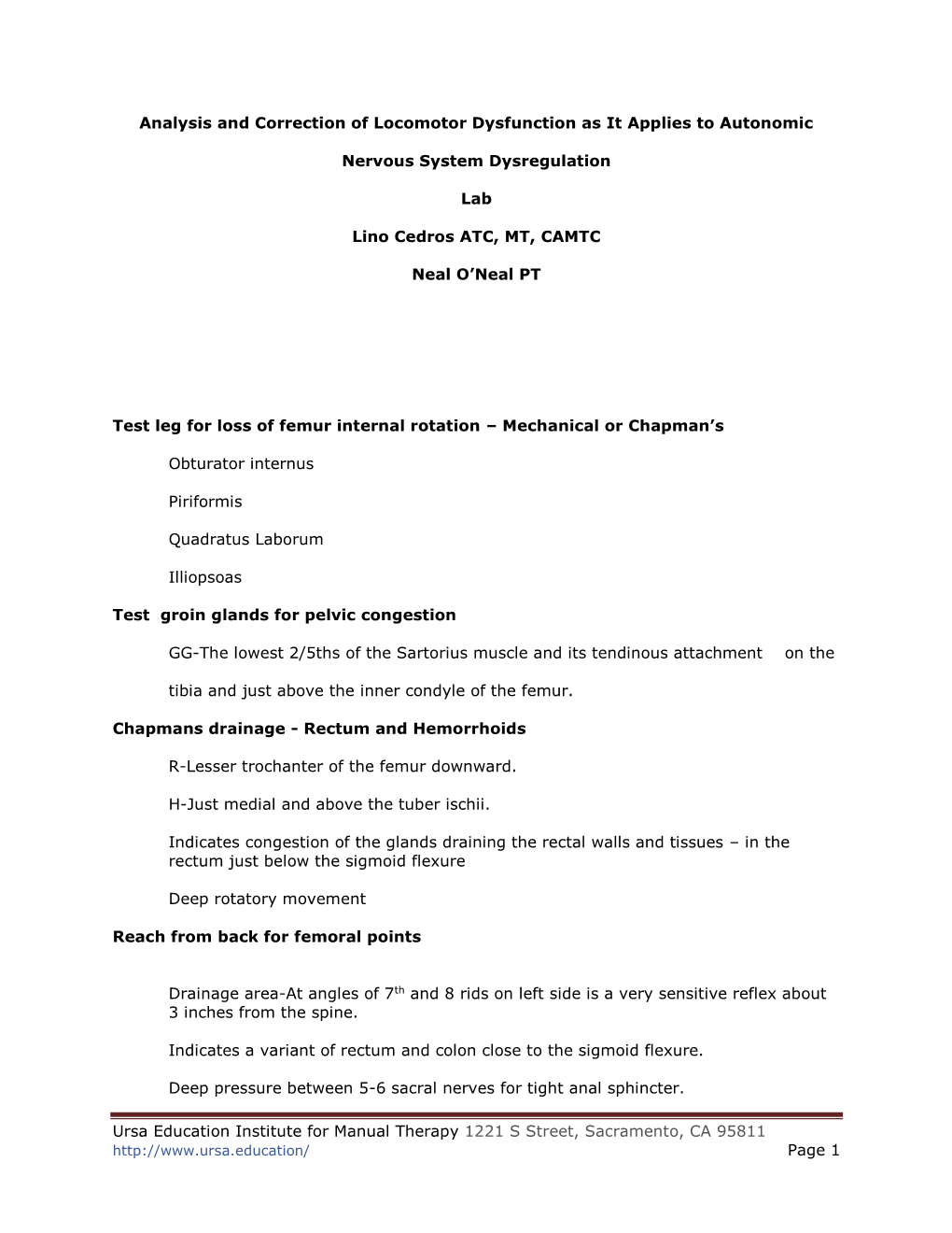 Ursa Education Institute for Manual Therapy 1221 S Street, Sacramento, CA 95811 Page 1