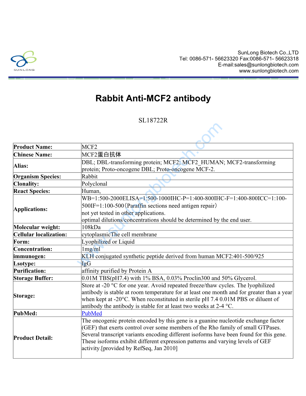 Rabbit Anti-MCF2 Antibody-SL18722R