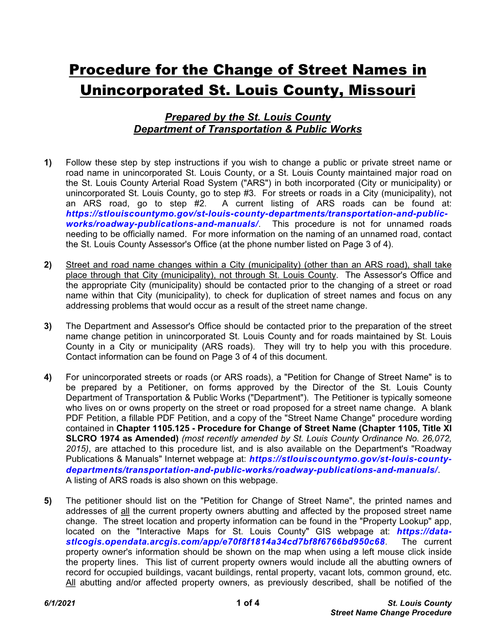 Procedure for the Change of Street Names in Unincorporated St. Louis County, Missouri