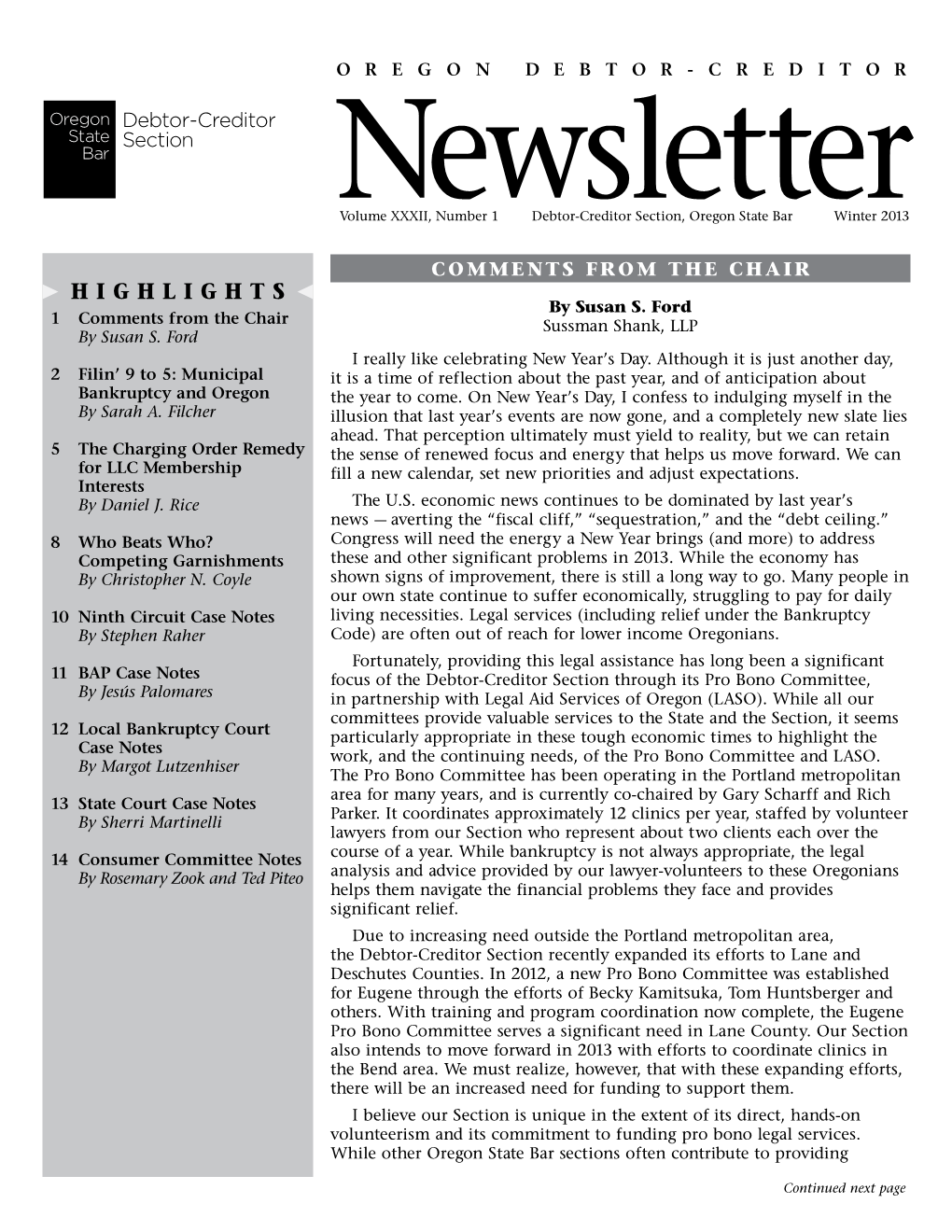 Newslettervolume XXXII, Number 1 Debtor-Creditor Section, Oregon State Bar Winter 2013