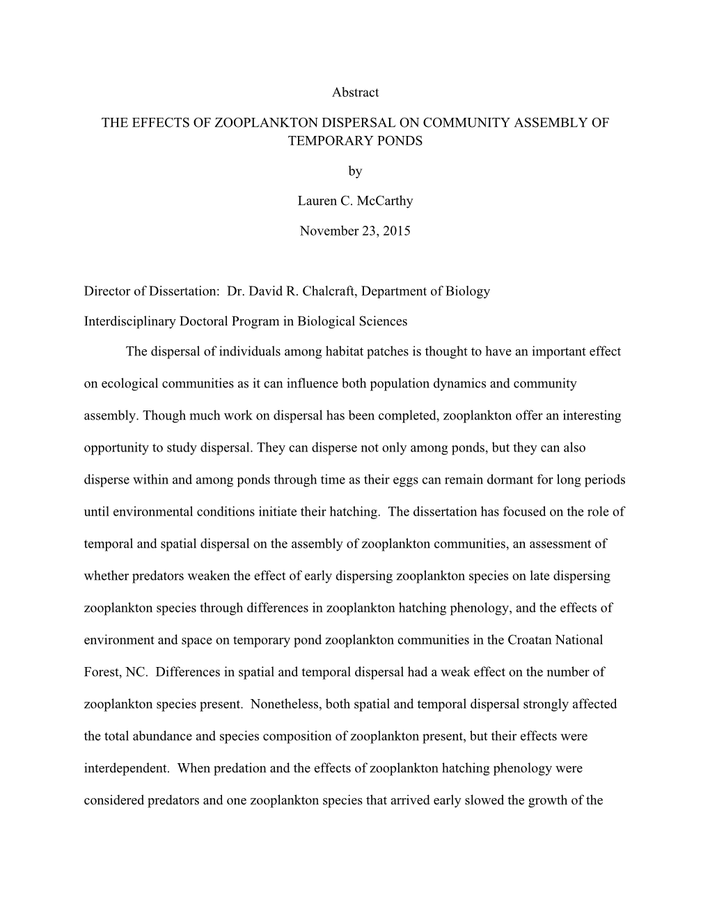 Abstract the EFFECTS of ZOOPLANKTON DISPERSAL ON