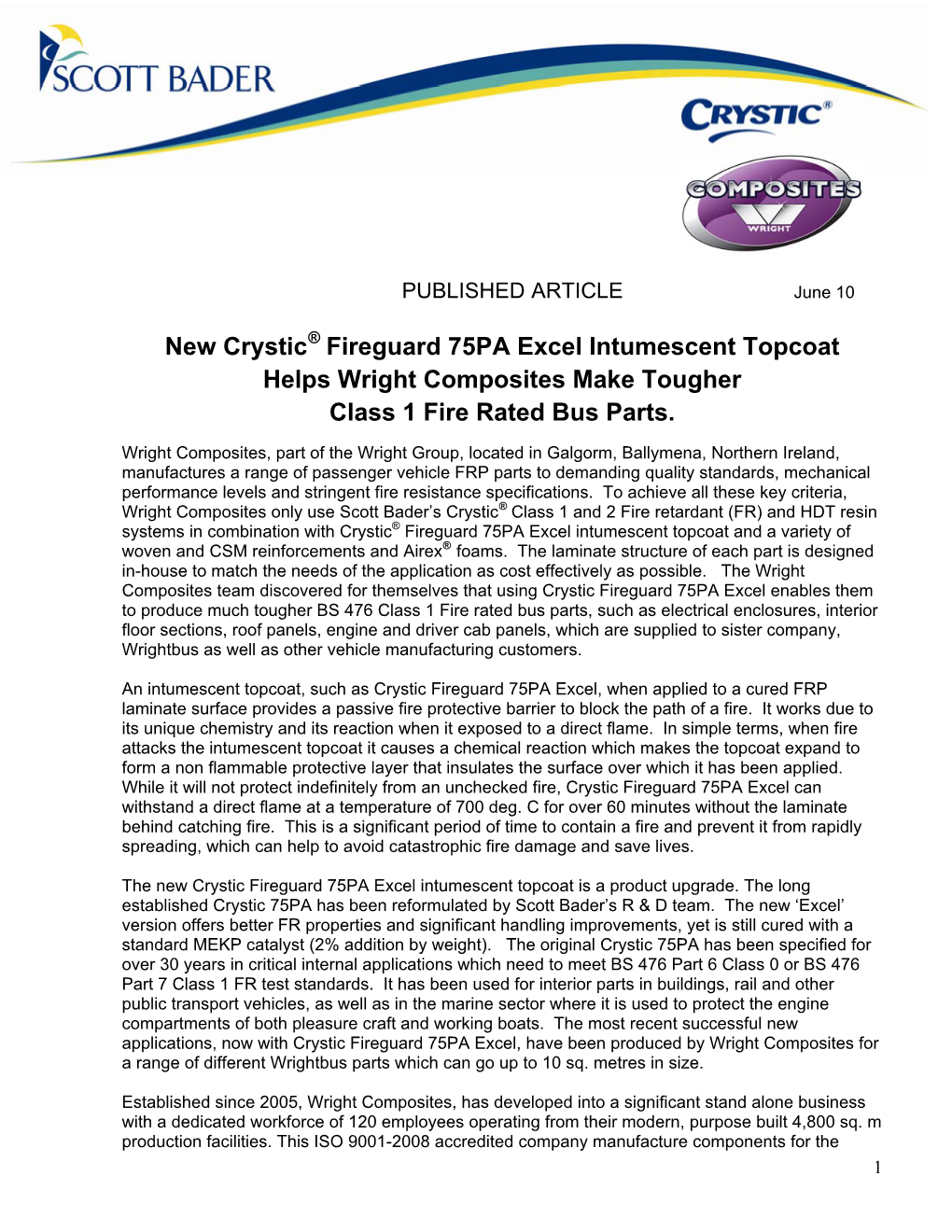 New Crystic® Fireguard 75PA Excel Intumescent Topcoat Helps Wright Composites Make Tougher Class 1 Fire Rated Bus Parts