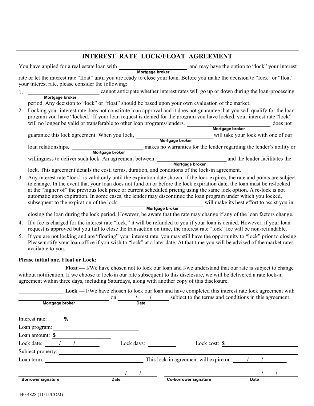 Interest Rate Lock/Float Agreement