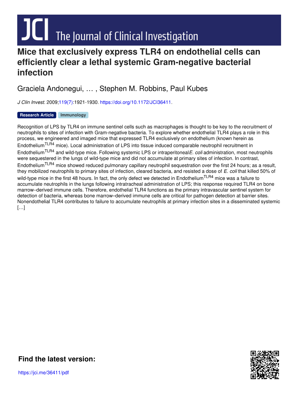 Mice That Exclusively Express TLR4 on Endothelial Cells Can Efficiently Clear a Lethal Systemic Gram-Negative Bacterial Infection