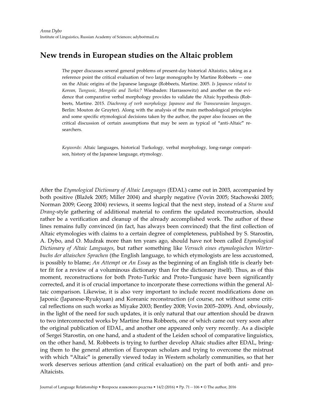 New Trends in European Studies on the Altaic Problem