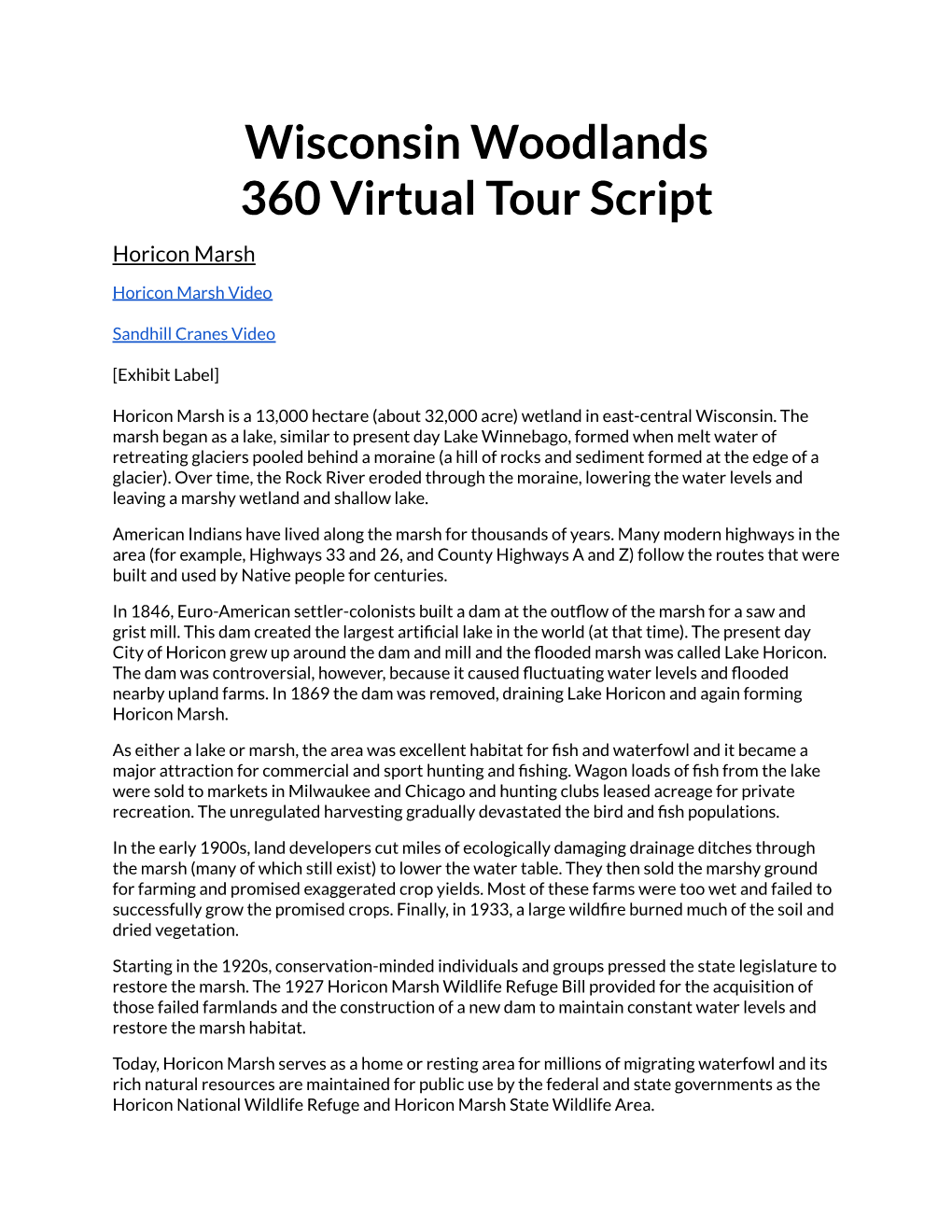 Wisconsin Woodlands 360 Virtual Tour Script Horicon Marsh
