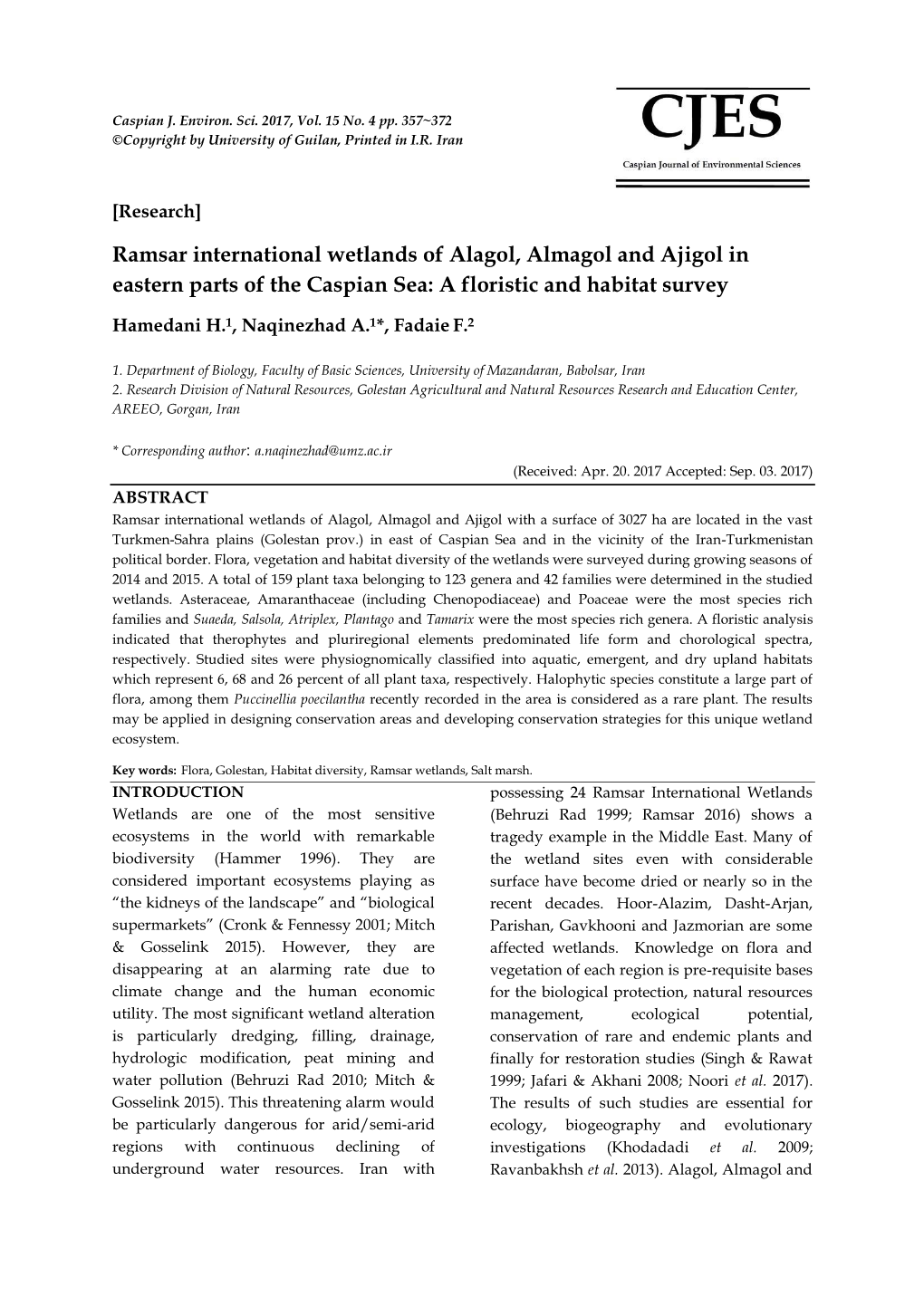 Ramsar International Wetlands of Alagol, Almagol and Ajigol in Eastern Parts of the Caspian Sea: a Floristic and Habitat Survey