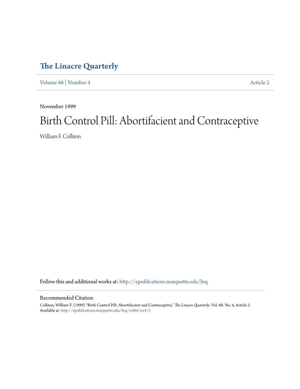 Birth Control Pill: Abortifacient and Contraceptive William F