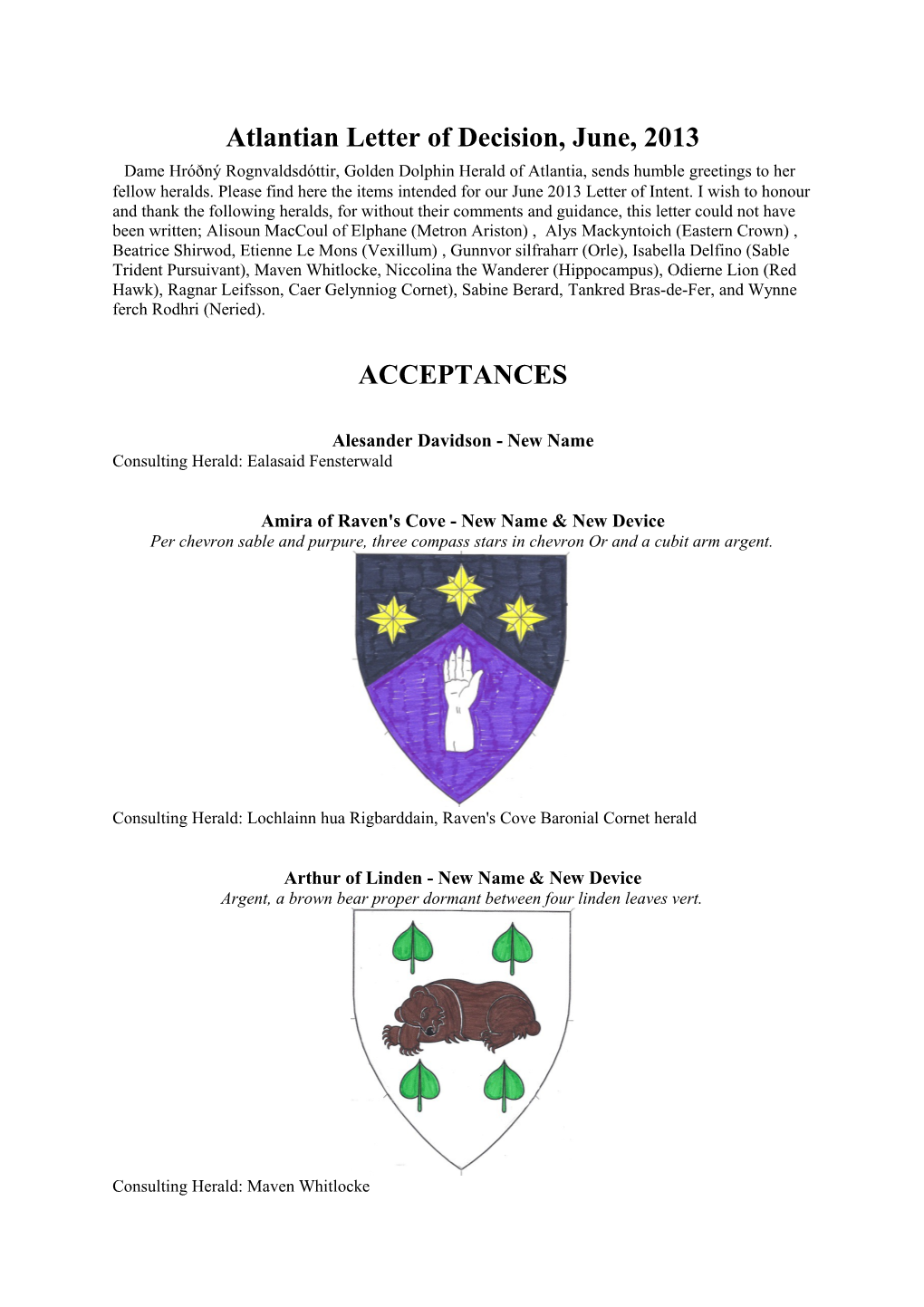 Atlantian Letter of Decision, June, 2013