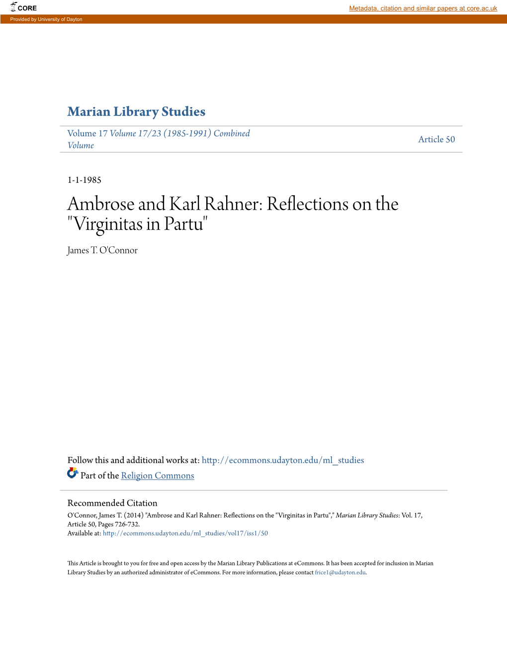 Ambrose and Karl Rahner: Reflections on the 