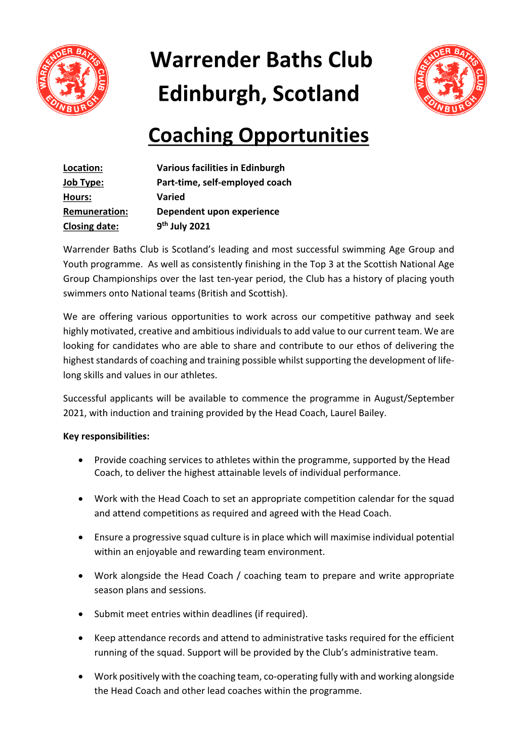 Warrender Baths Club Edinburgh, Scotland Coaching Opportunities