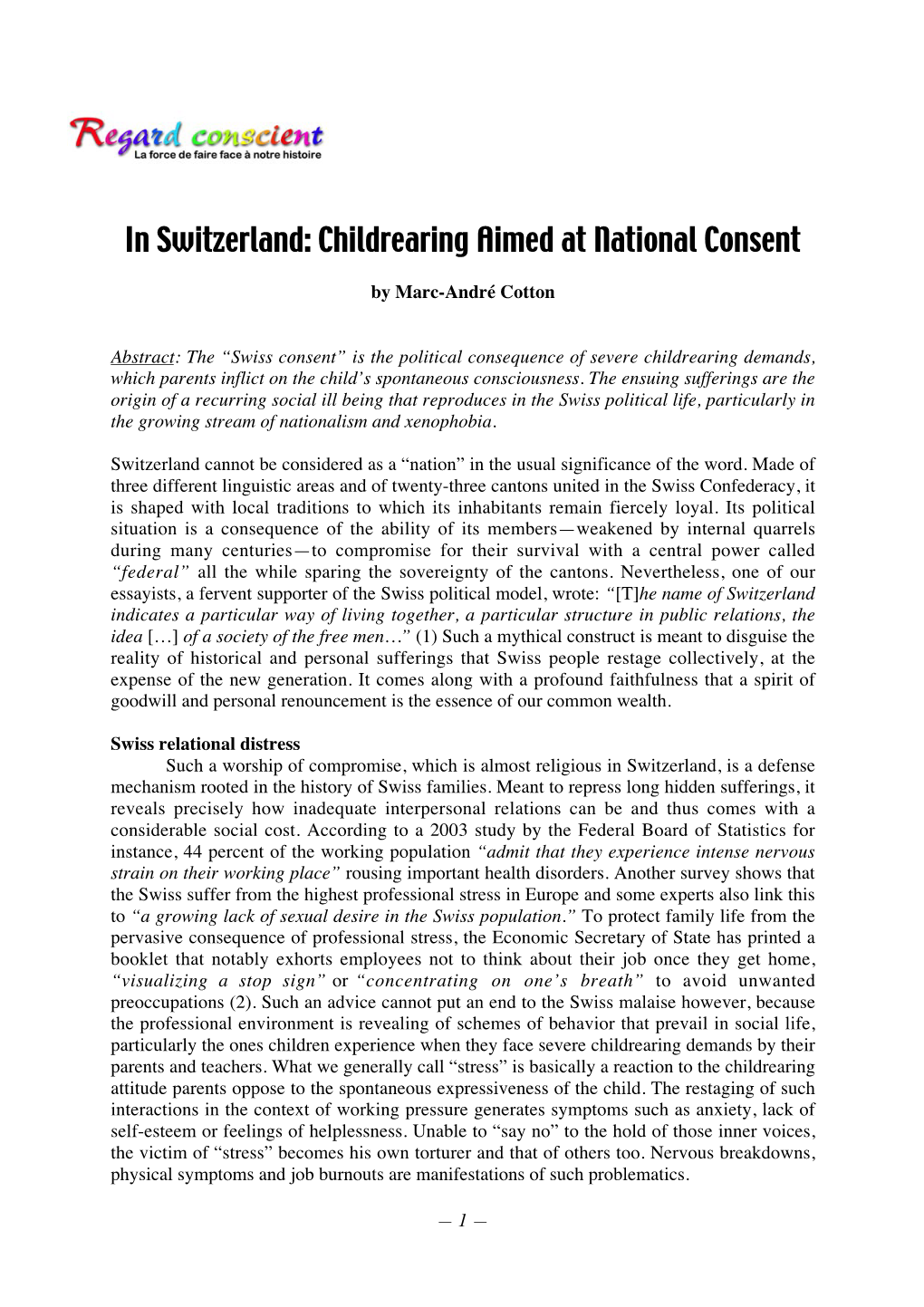 In Switzerland: Childrearing Aimed at National Consent