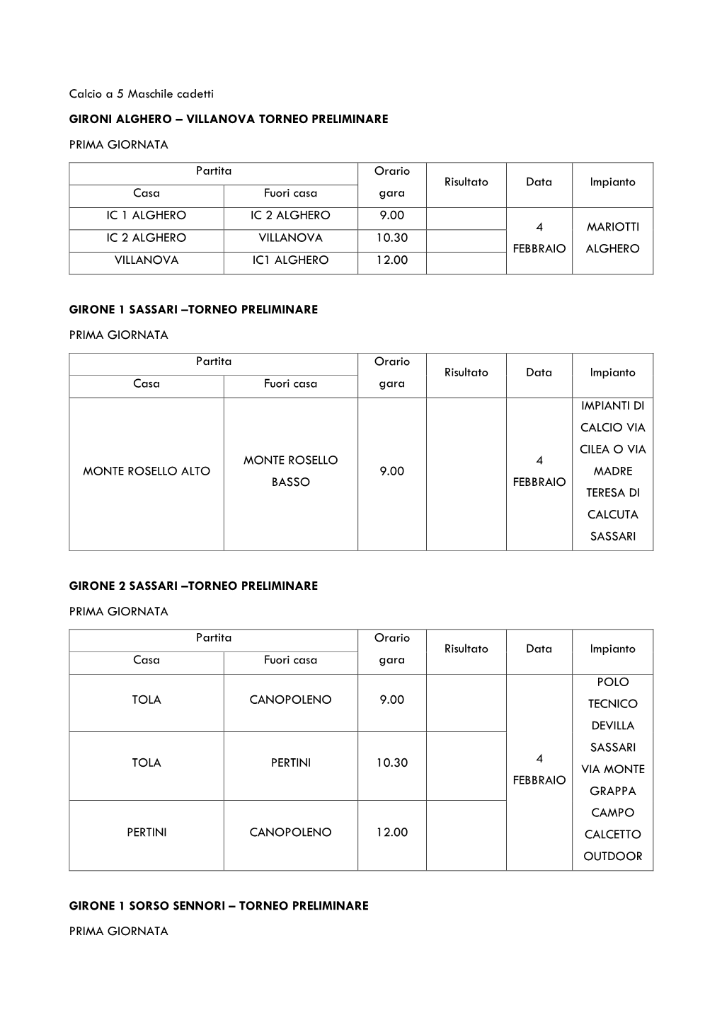 Calcio a 5 Maschile Cadetti GIRONI ALGHERO