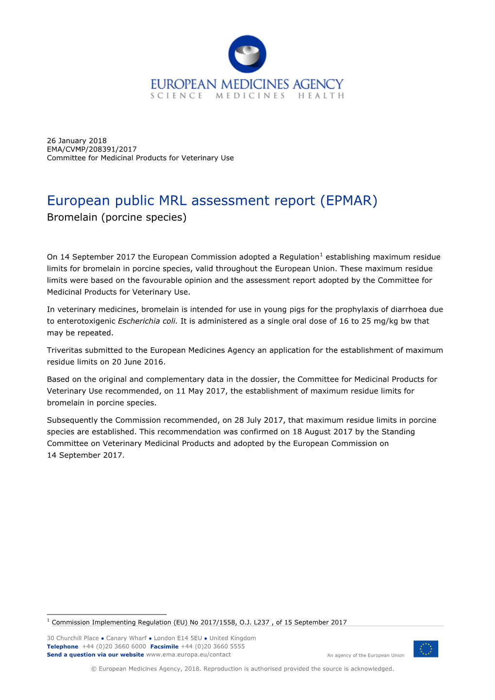 European Public MRL Assessment Report (EPMAR) Bromelain (Porcine Species)
