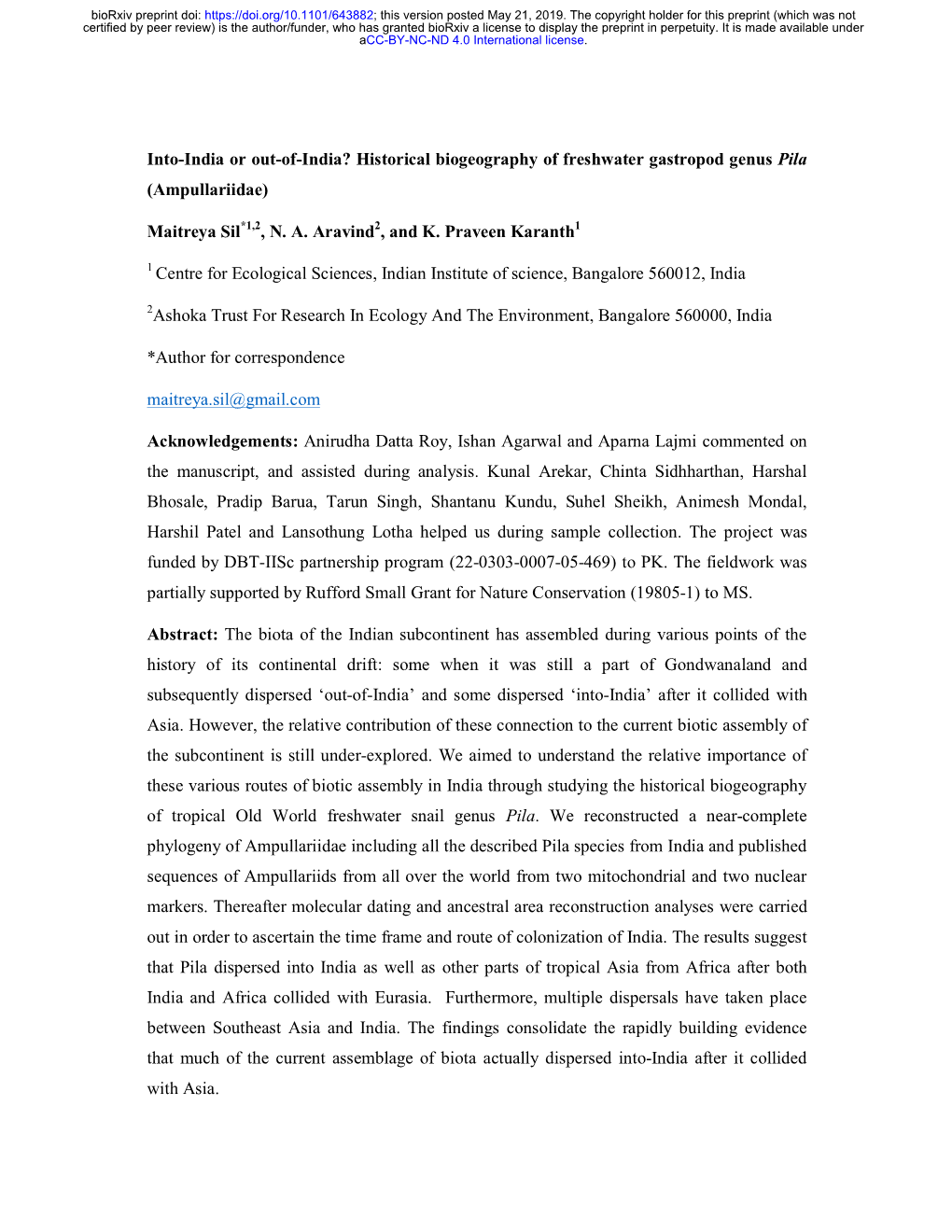 Into-India Or Out-Of-India? Historical Biogeography of Freshwater Gastropod Genus Pila (Ampullariidae)