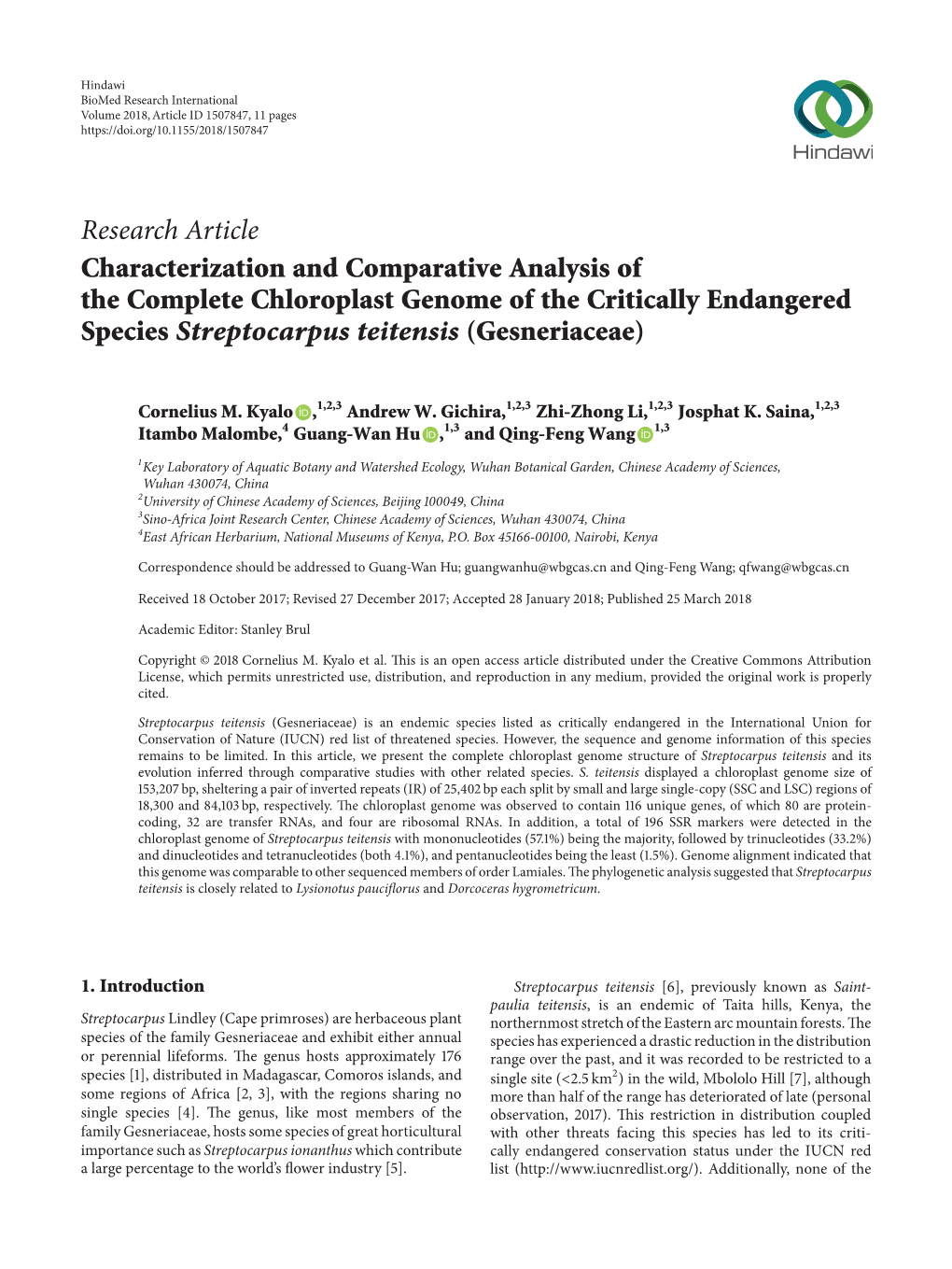 Characterization and Comparative Analysis of the Complete Chloroplast Genome of the Critically Endangered Species Streptocarpus Teitensis (Gesneriaceae)