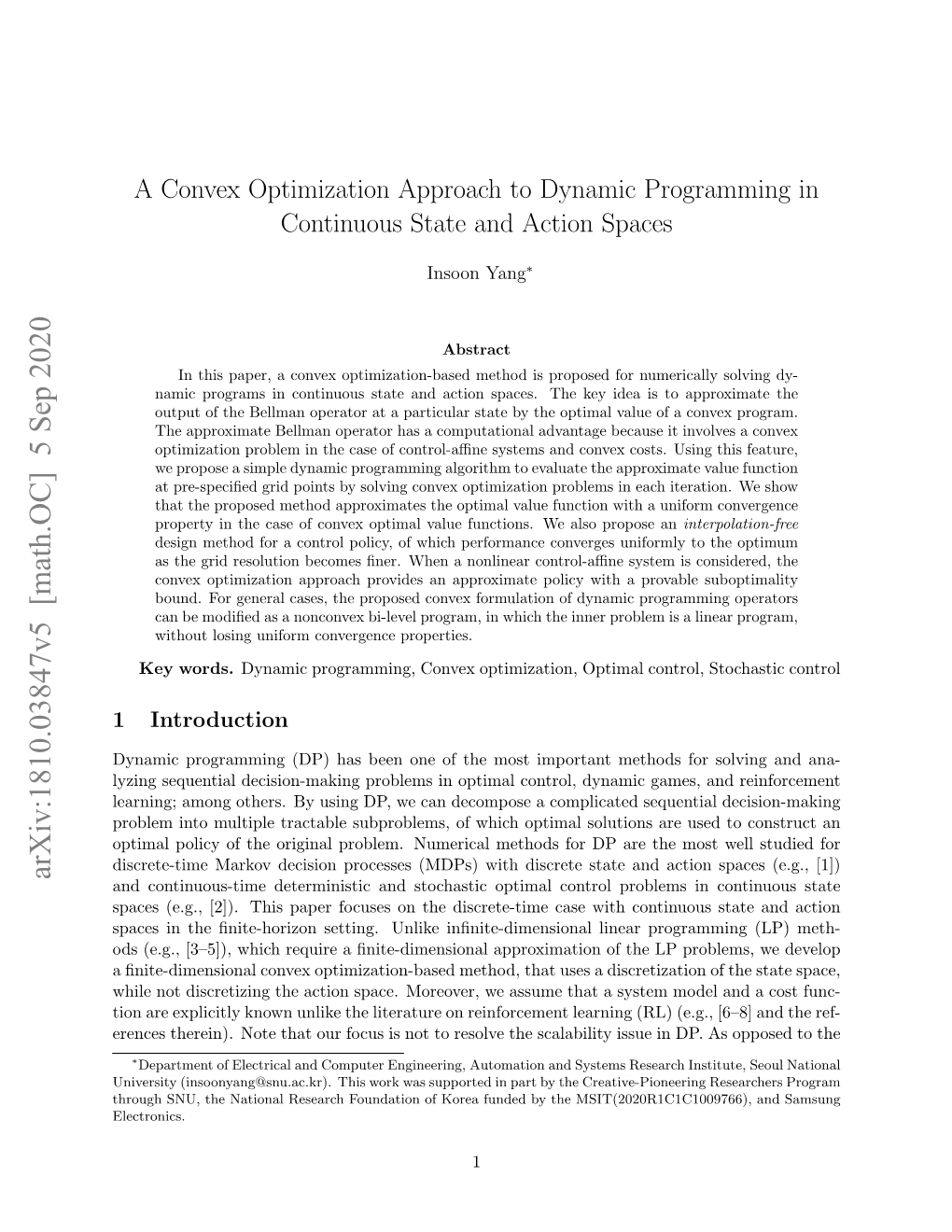 A Convex Optimization Approach to Dynamic Programming in Continuous State and Action Spaces