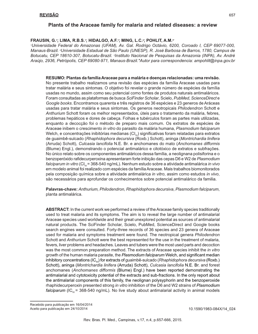 Plants of the Araceae Family for Malaria and Related Diseases: a Review