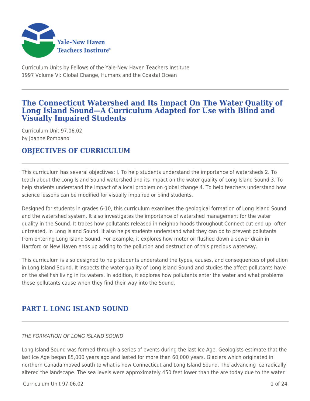 The Connecticut Watershed and Its Impact on the Water Quality of Long Island Sound—A Curriculum Adapted for Use with Blind and Visually Impaired Students