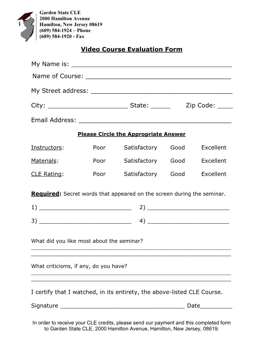 Video Course Evaluation Form My Name Is