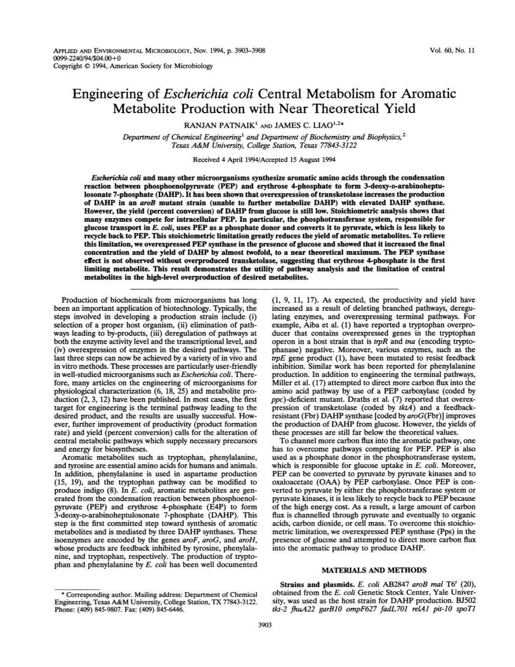 Engineering of Escherichia Coli Central Metabolism for Aromatic Metabolite Production with Near Theoretical Yield